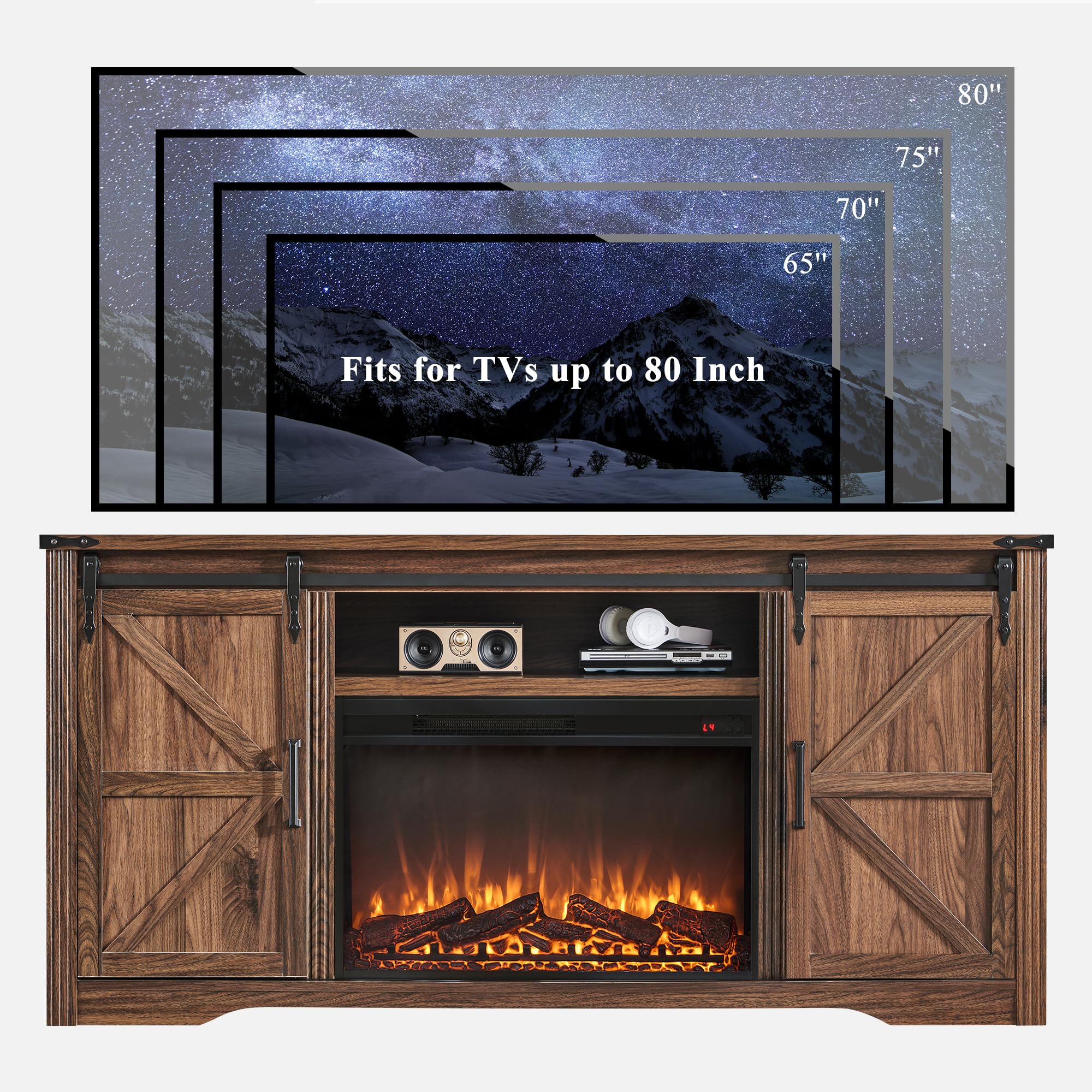 JXQTLINGMU Farmhouse TV Stand for 75+ Inch TV, 32" Tall Entertainment Center w/4 Drawers & Sliding Barn Door, Rustic Media Console w/Storage Shelves, 66" Wood Television Stand for Living Room, Black