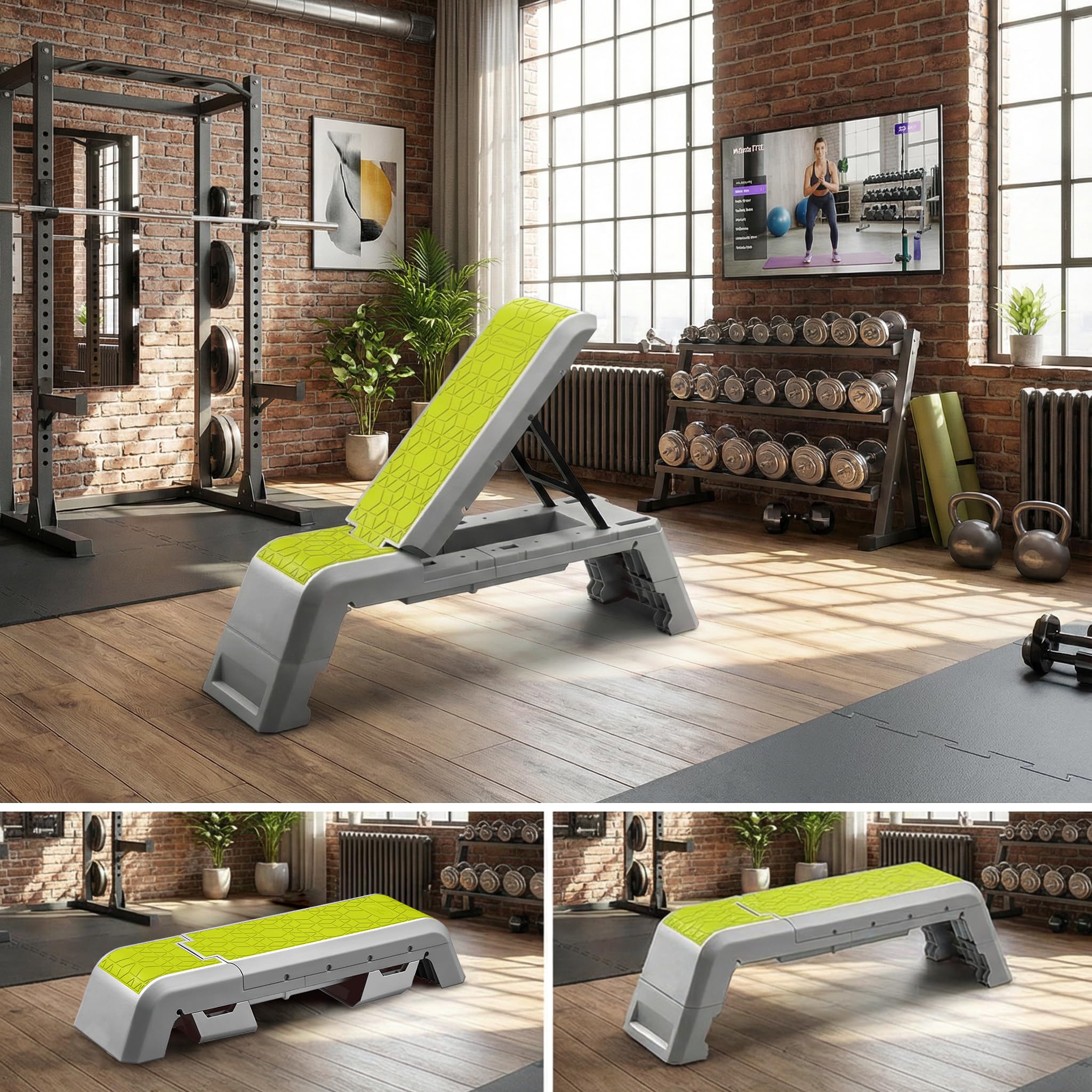 leikefitness Exercise Step Platform, Multifunctional Aerobic Deck with Cord and Adjustable Dumbbell & Weight Bench, Fitness Equipment for Workout Home Gym