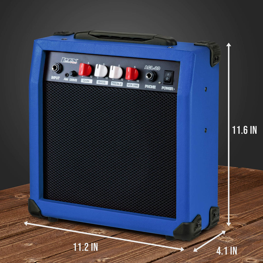 LyxPro Electric Guitar Amp 20 Watt Amplifier Built in Speaker Headphone Jack and Aux Input Includes Gain Bass Treble Volume and Grind - Black