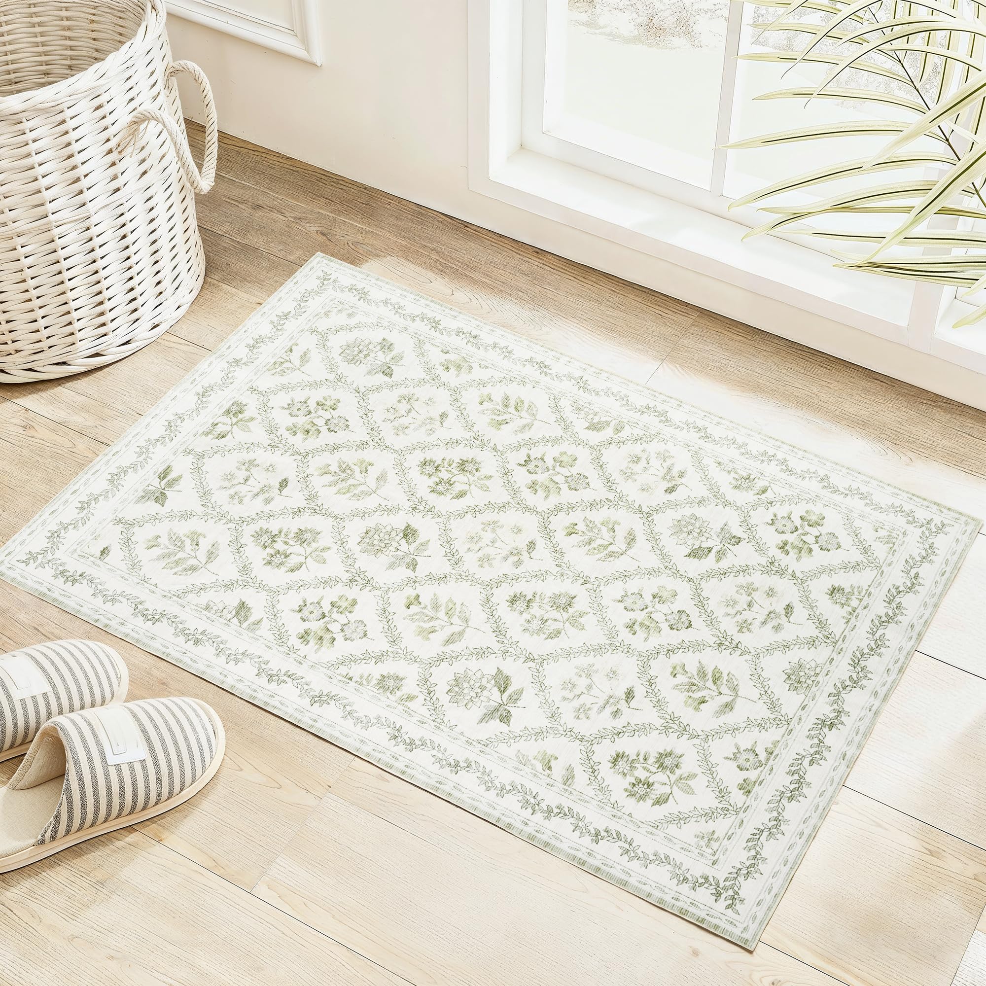 Black Floral Area Rug for Entryway 2x3 Washable Small Rug Low Pile Non Slip Distressed Entry Mat Soft Farmhouse Indoor Entrance Door Mat for Kitchen Bedroom Home Office Black Grey and White