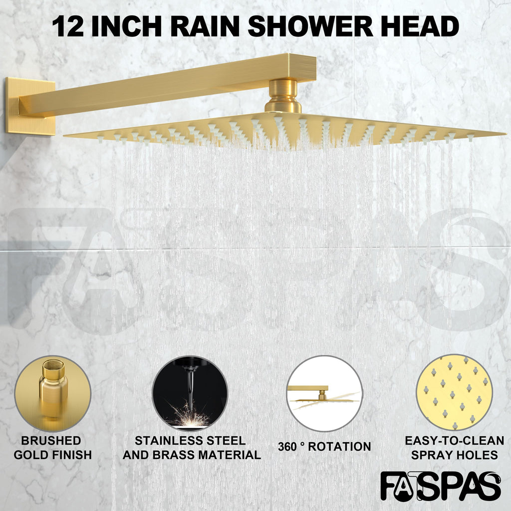 Brushed Gold Shower System with 10-Inch Rain Showerhead and Tub Spout | cUPC-certified pressure balance brass valve to prevent scalding, CEC-certified air injection technology for low pressure