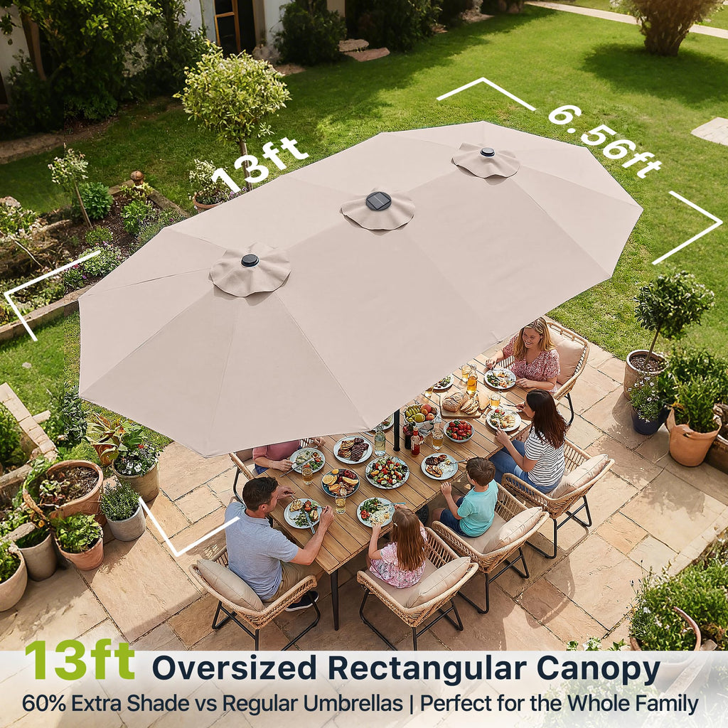 FREE SOLDIER 13ft Patio Umbrella Double Sided Outdoor Umbrella for Patio Table Umbrella with Solar lights for Garden Yard Pool (Beige)