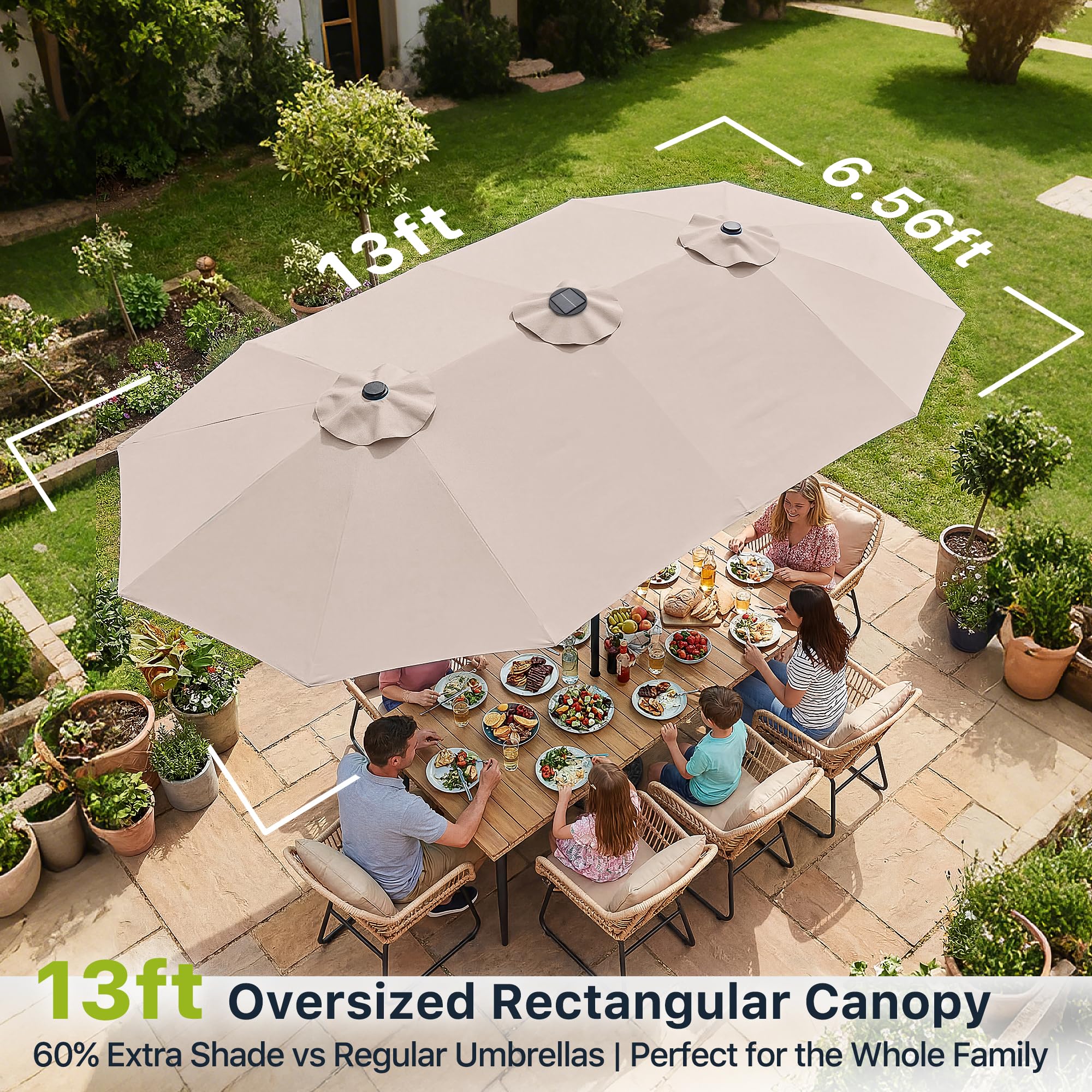 FREE SOLDIER 13ft Patio Umbrella Double Sided Outdoor Umbrella for Patio Table Umbrella with Solar lights for Garden Yard Pool (Beige)