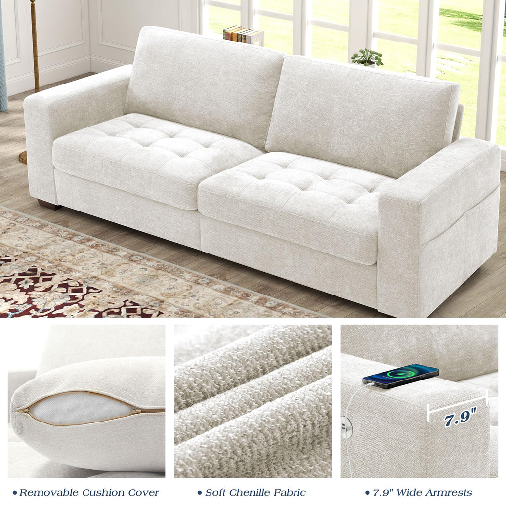 WorthFurni Sofas for Living Room, Chenille Loveseat Couch Set, Small Sofa, 3 Seater Sofa, USB Charging, Removable Sofa Cover,Solid Wood Frame, Easy to Install(70inch,Beige)