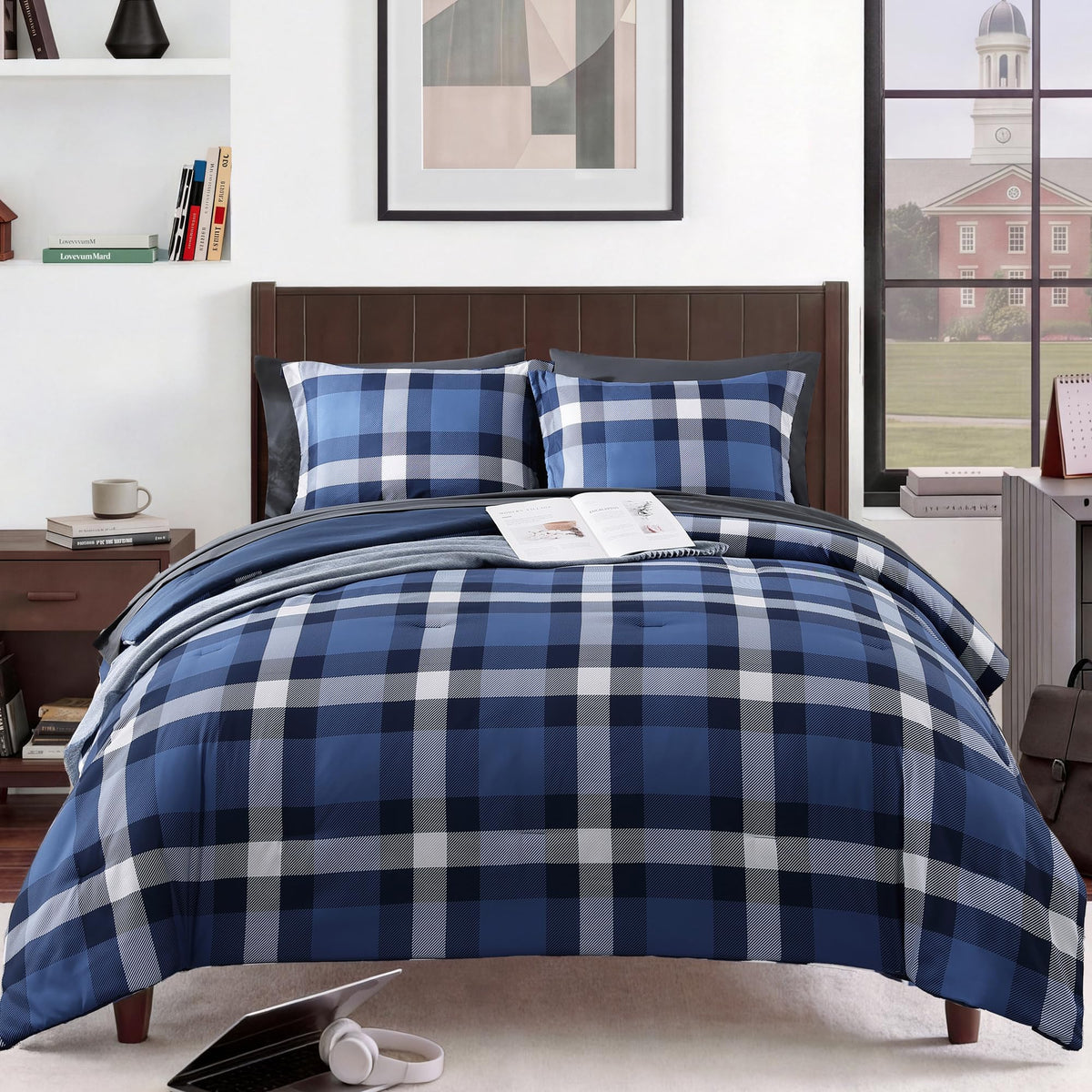 MaiRêve Queen Comforter Set, Classic Plaid Farmhouse Bedding Sets 7 Pieces, Beige All Season Bed in A Bag with Sheets, Pillowcases & Shams