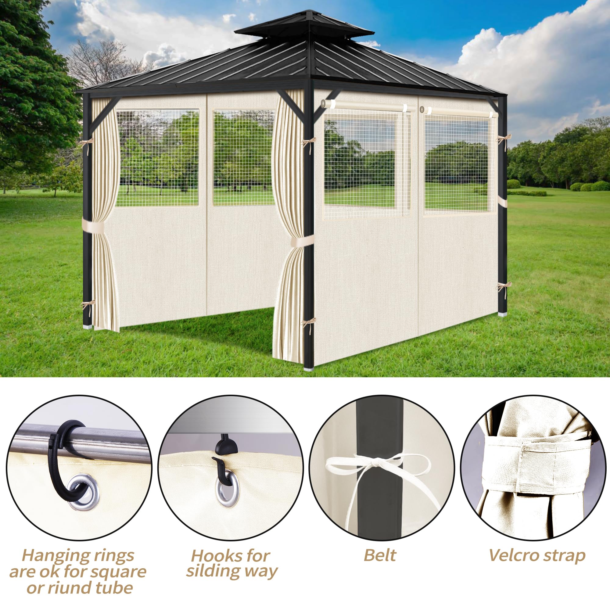 Gazebo Privacy Curtains 10' x 10' with Mosquito Windows, 4-Panels Side Wall with Zipper Universal Replacement for Patio, Outdoor Canopy, Garden and Backyard, Gray (Curtain Only)