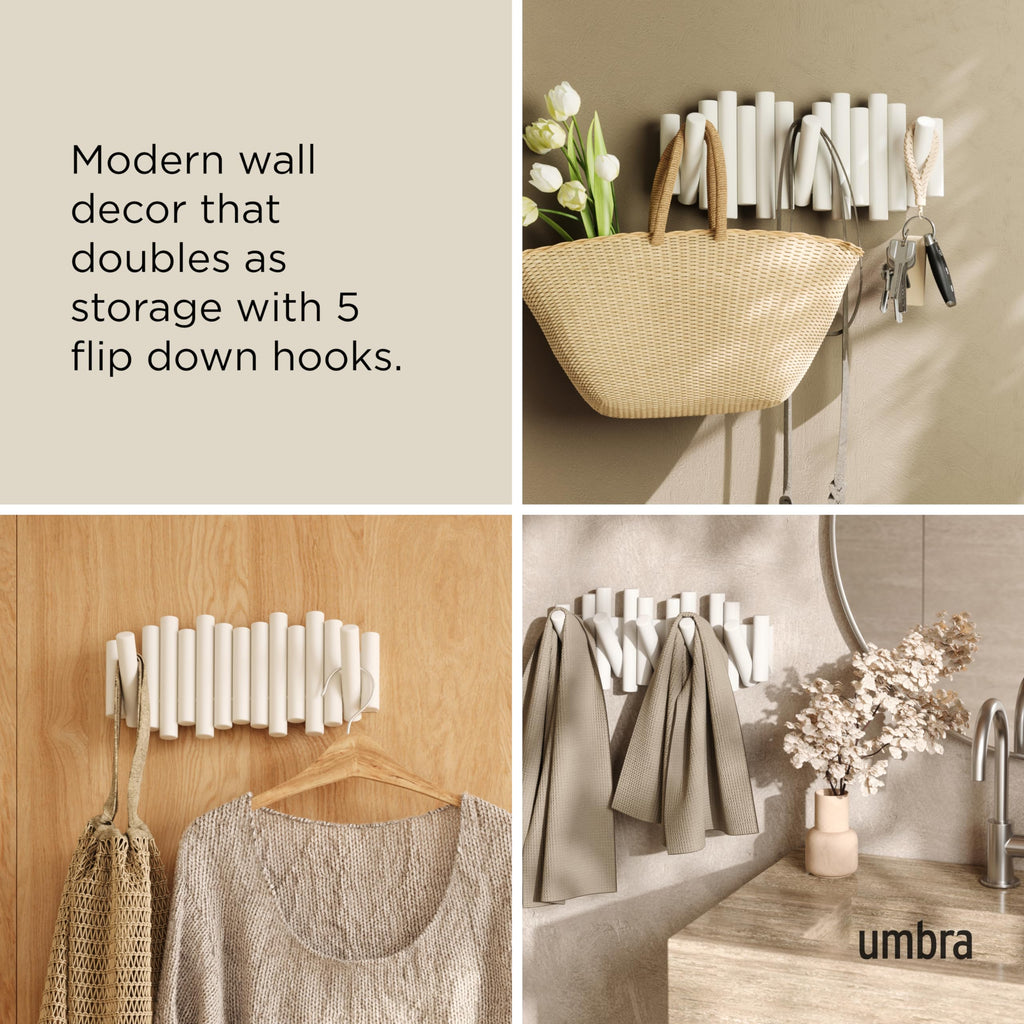 Umbra Picket Wall-Mounted Coat Rack Rail Hook with 5 Retractable Wood Pegs – Modern, Space-Saving Storage Organizer, Black