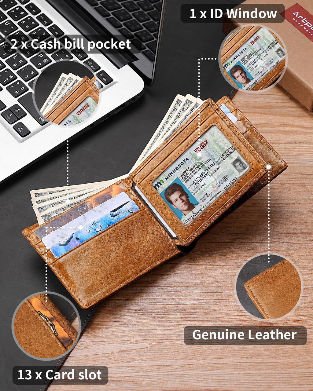 Artpaxy Mens Wallet Genuine Leather Bifold RFID Blocking Wallet for Men with 1 ID Window 13 Card Holders 2 cash pockets 1 Gift Box