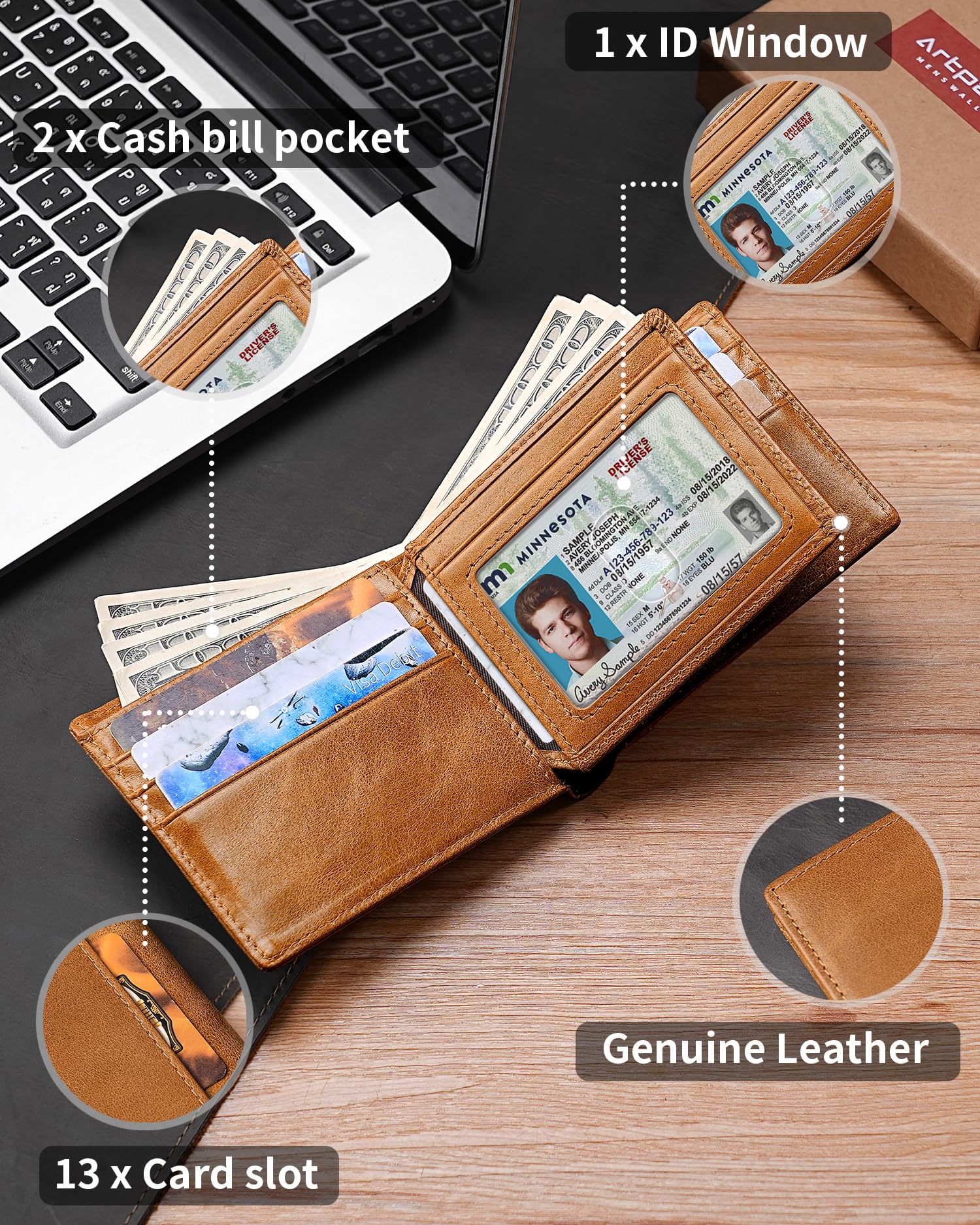 Artpaxy Mens Wallet Genuine Leather Bifold RFID Blocking Wallet for Men with 1 ID Window 13 Card Holders 2 cash pockets 1 Gift Box