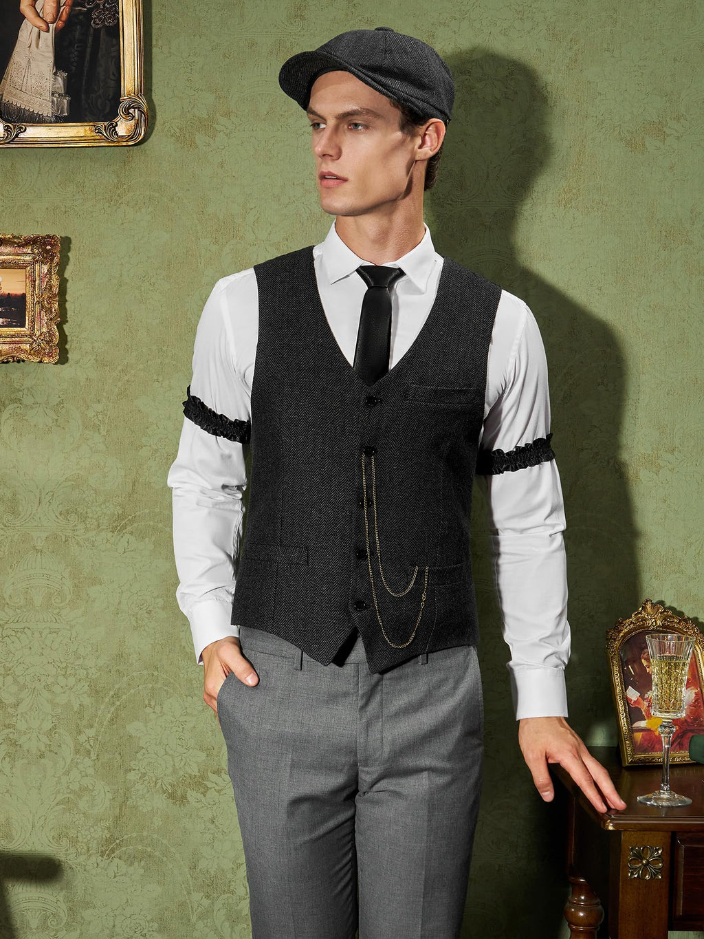 YESSA 1920s Mens Costume,Roaring 20s Costumes for Men,Gatsby Costume Men,1920s Mens Outfit Hat Vest Pocket Watch Tie