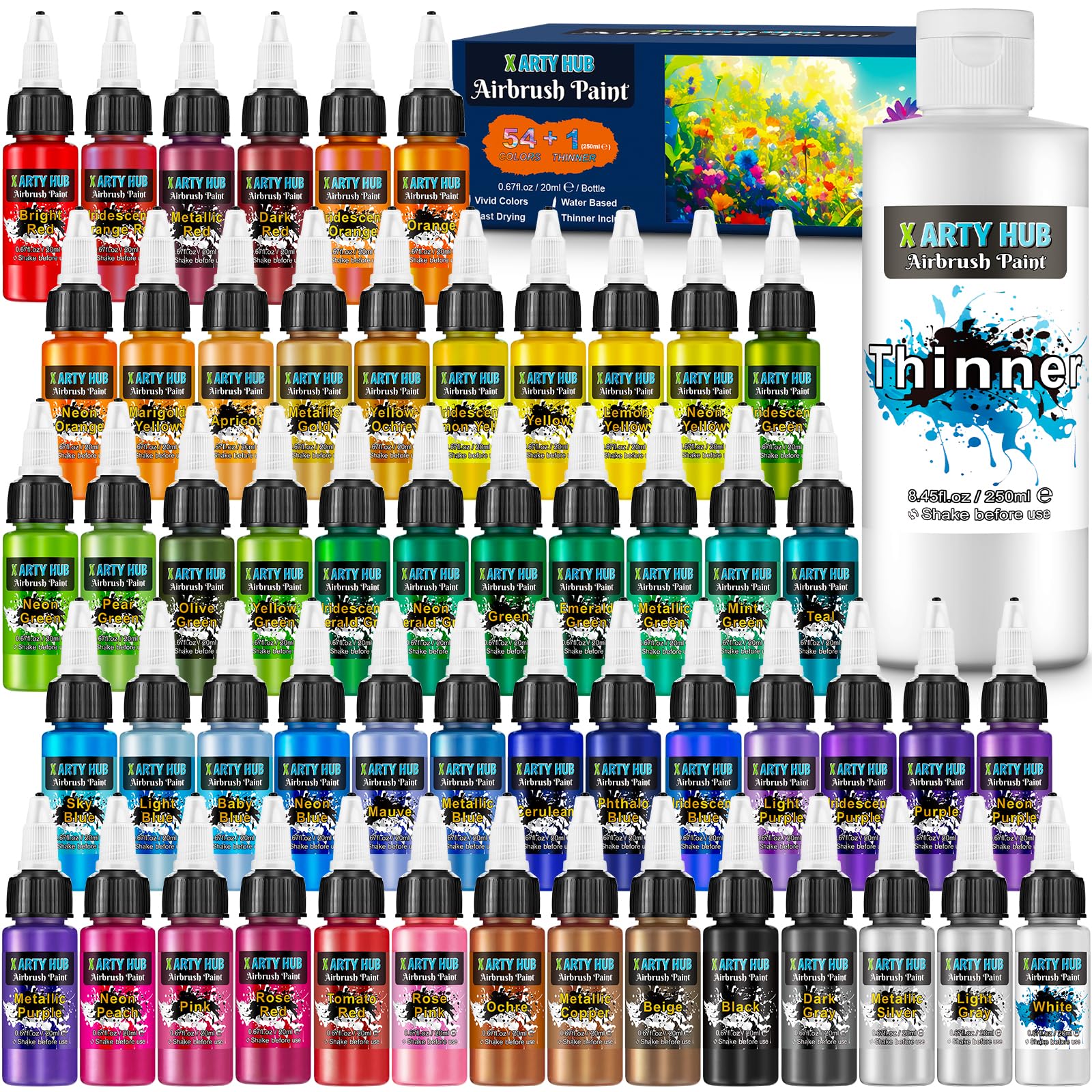 Airbrush Paint - 42 Colors Air Brush Painting Set with 4.05 fl oz Thinner, Iridescent, Neon & Metallic Acrylic Paints, Ready-to-Spray, Water-Based for Paper, Canvas, Wood, Fabric, Models