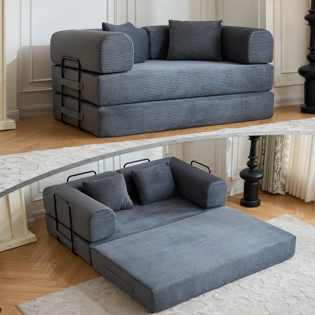 ZEIINPA 59“ Convertible Floor Sofa Bed, 5-in-1 Futon Sofa Bed Pull Out Sleeper Couch, Modern Corduroy Compressed Loveseat, Modular Boneless Couches for Living Room, No Assembly Required, Beige