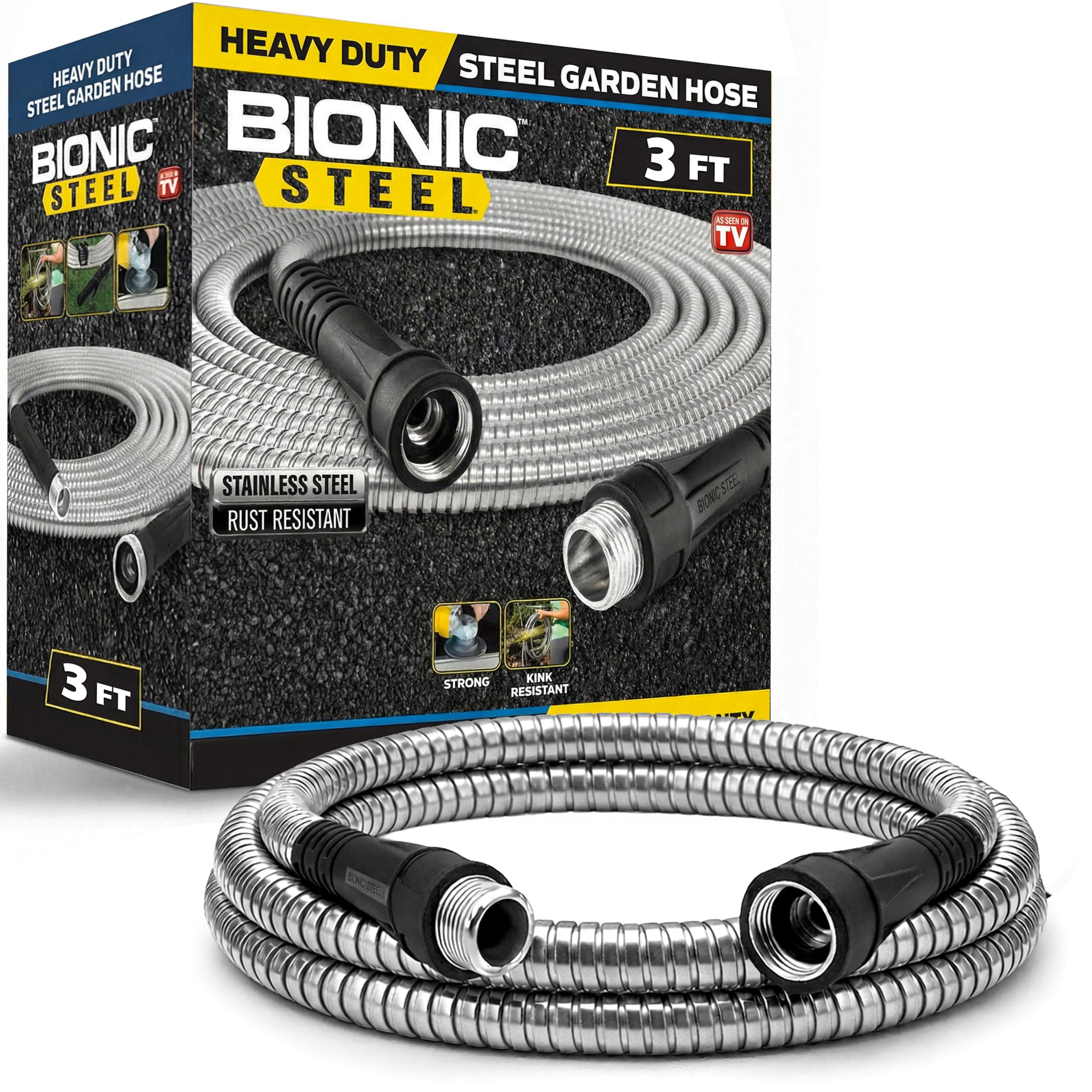 BIONIC STEEL 3Ft Short Garden Hose, 3 Ft x 5/8 In. Connector Hose for Reel, Leak Proof Connection, Heavy Duty, Non Kinking, Flexible, Hose Extension