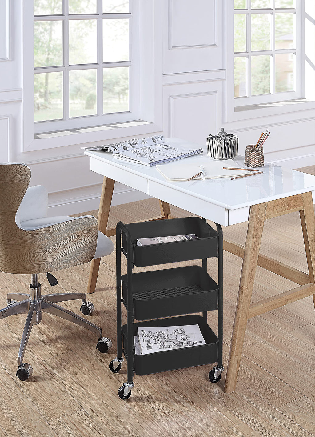 SunnyPoint 3-Tier Delicate Compact Rolling Metal Storage Organizer - Mobile Utility Cart Kitchen/Under Desk Cart with Caster Wheels - Army (15.35" X 10.24" X 26.8"H)