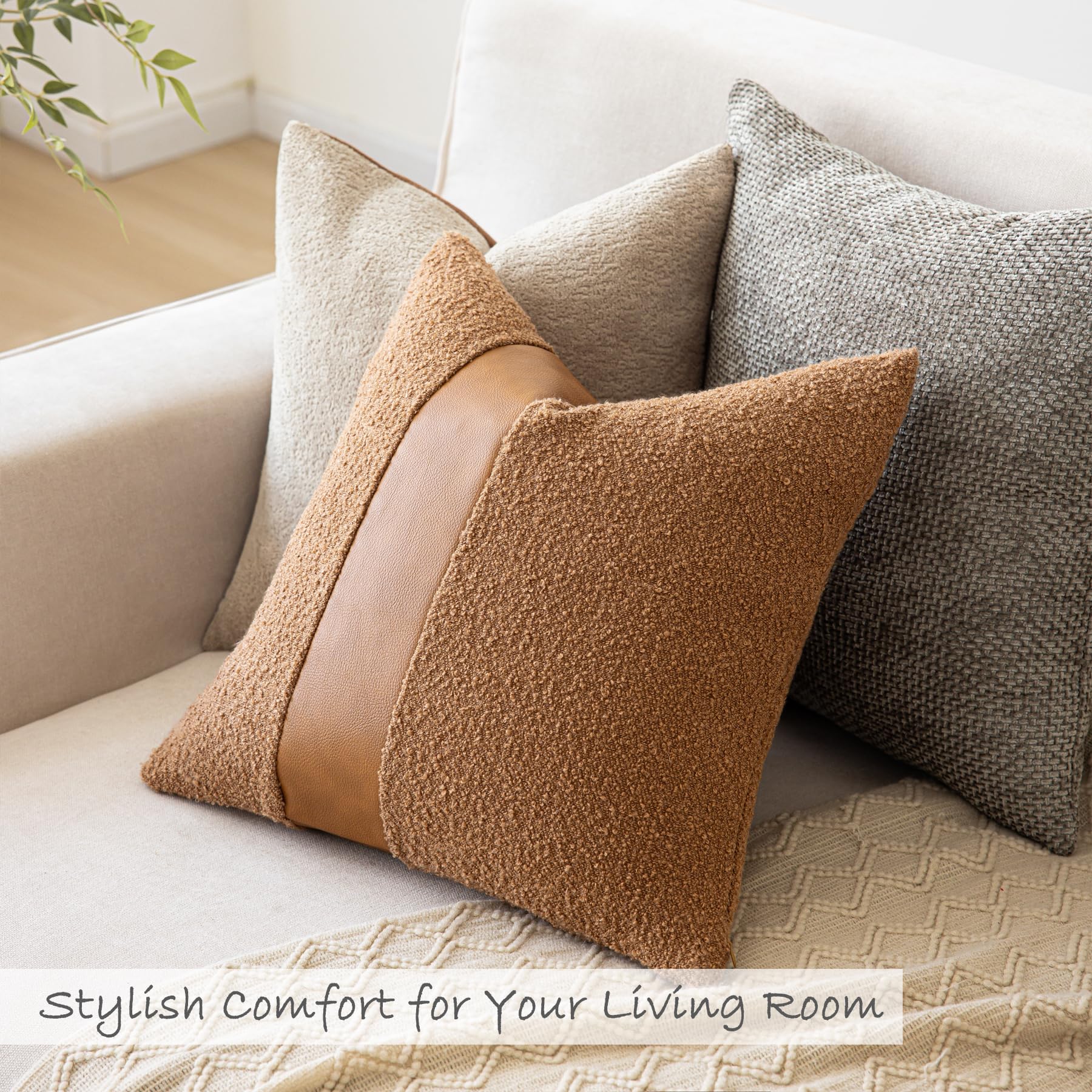 18"x18" Charcoal Black Boucle Throw Pillow Covers with Faux Leather Accents Set of 2 Fluffy Textured Decorative Pillow Cases for Couch Bed Boho Farmhouse Square Cushion Covers for Nordic Home