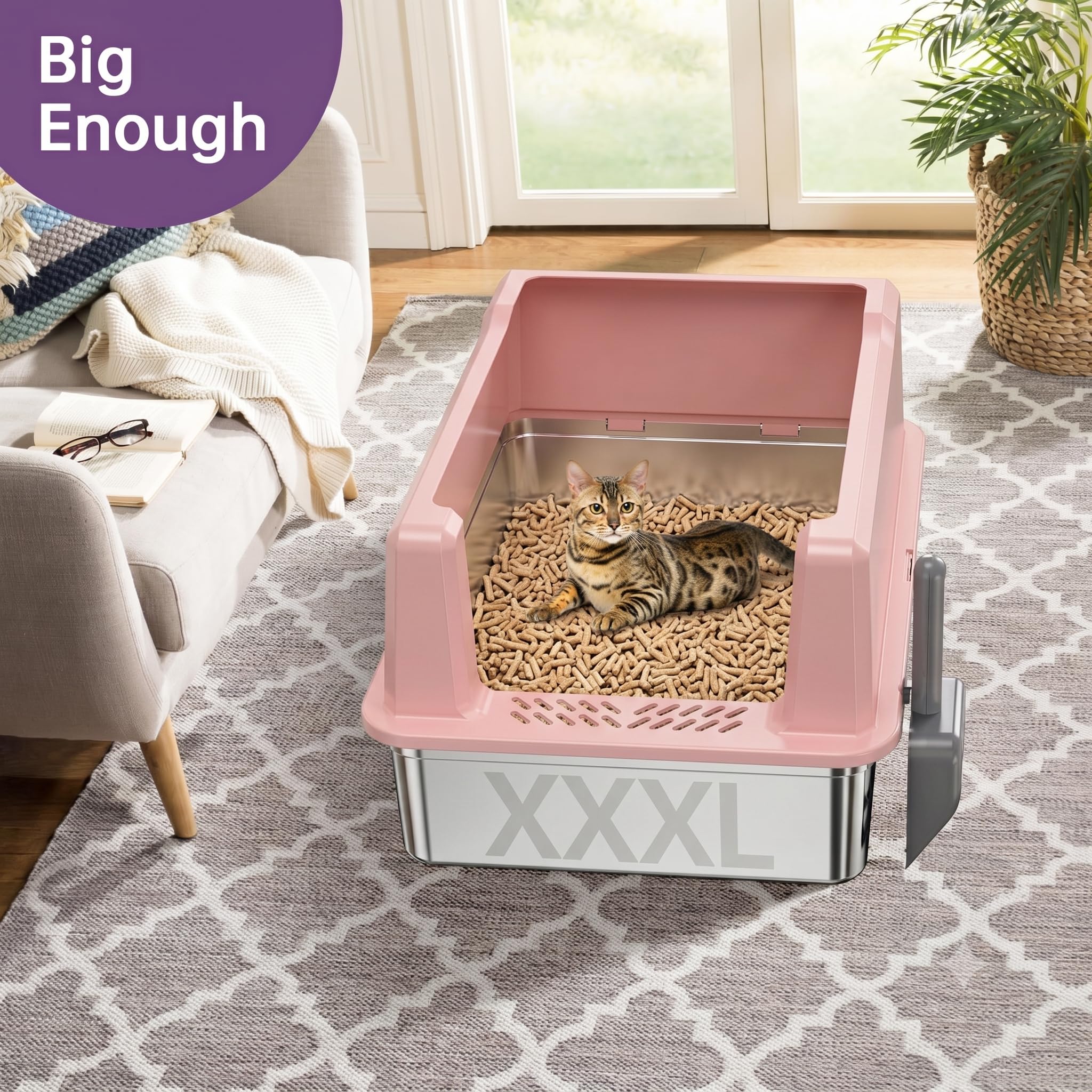 Extra Large XXL Stainless Steel Cat Litter Box with Lid, 26" L x 18" W x 12" H Metal Litter Box with Hight Sides for Big Cats & Multiple Cats, Never Absorbs Odors, Anti-Urine Leakage, Easy Cleaning