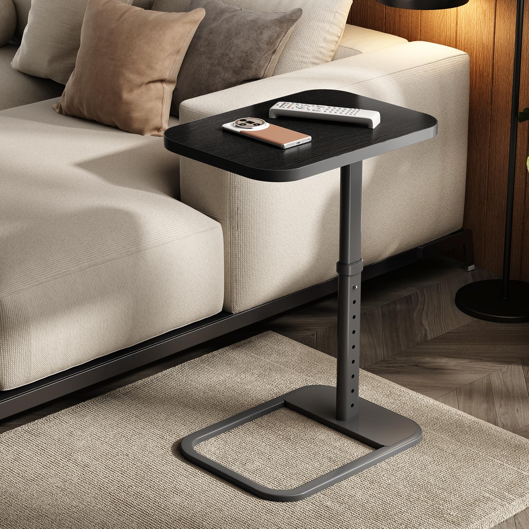 Kitstorack TV Tray Table, Adjustable Height & Rounded Metal Corners, Snack Table for Couch, Sofa, Bed, Chair, Living Room, C Shaped End Side Table for Eating, Dinner or Laptop, Small Spaces, Black