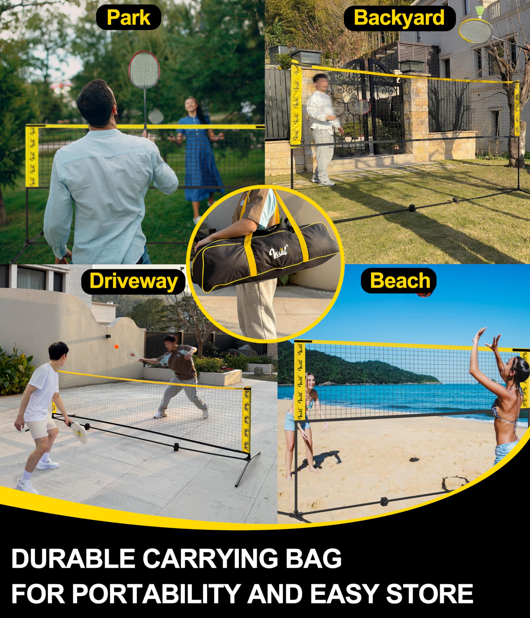 3-in-1 Portable Badminton, Volleyball & Pickleball Net Set for Adults, Adjustable Height 34"–7 ft for Backyards or Beach, Outdoor Sports Combo with Carry Bag, Rackets, Paddles & Balls