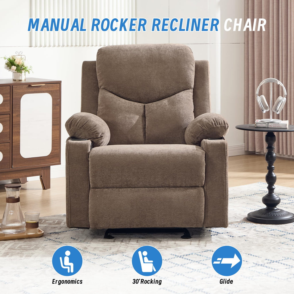 Manual Rocker Recliner Chair for Adults with Massage, Overstuffed Glider Rocking Chair with Cup Holders and Pockets for Living Room, Reclining Sofa Chair for Bedroom Nursery,Beige