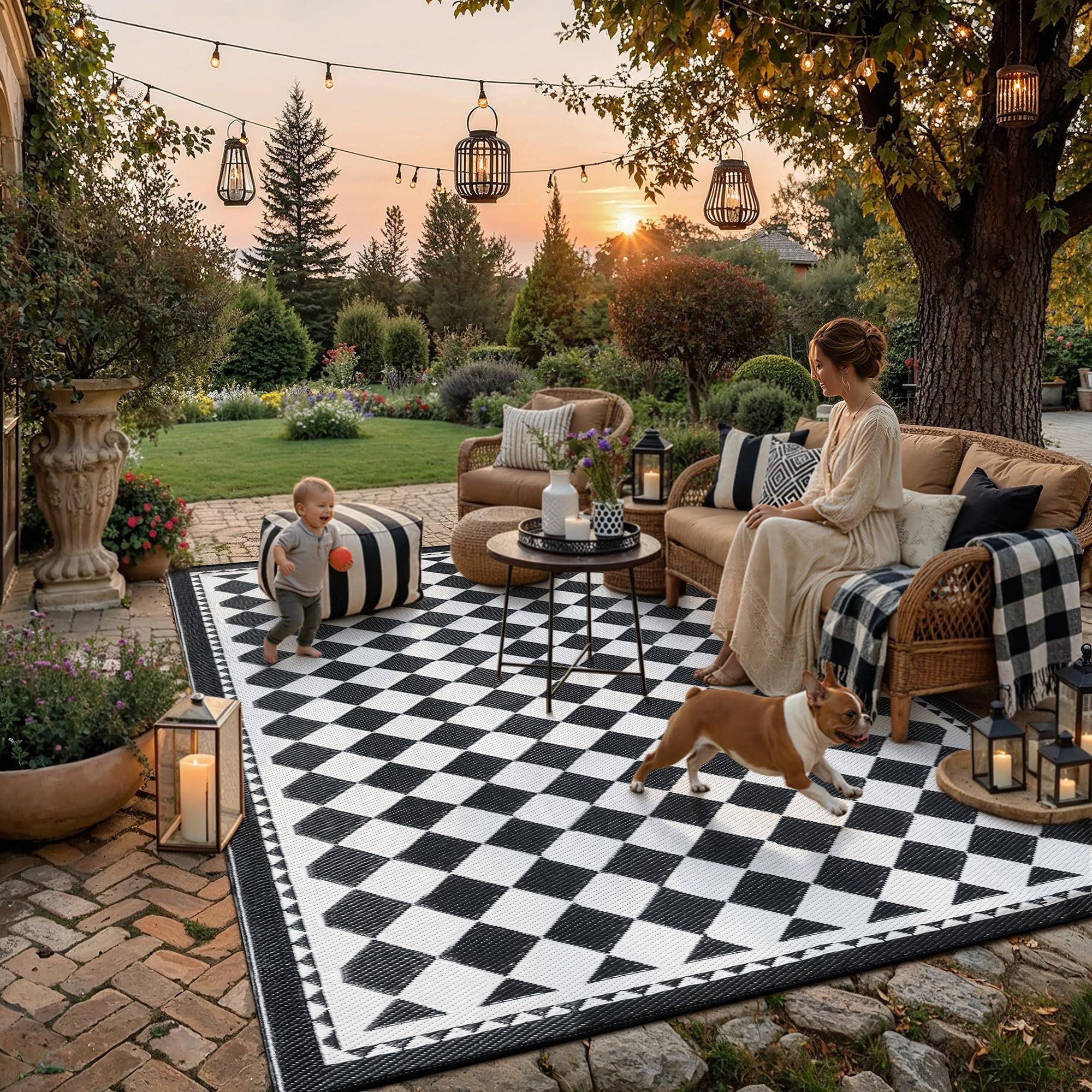 HUGEAR Outdoor Patio Rug 3'x5' Waterproof Outside Area Rugs Blue Reversible Plastic Straw Carpet for RV Deck Camping Entryance Porch Picnic Balcony Beach