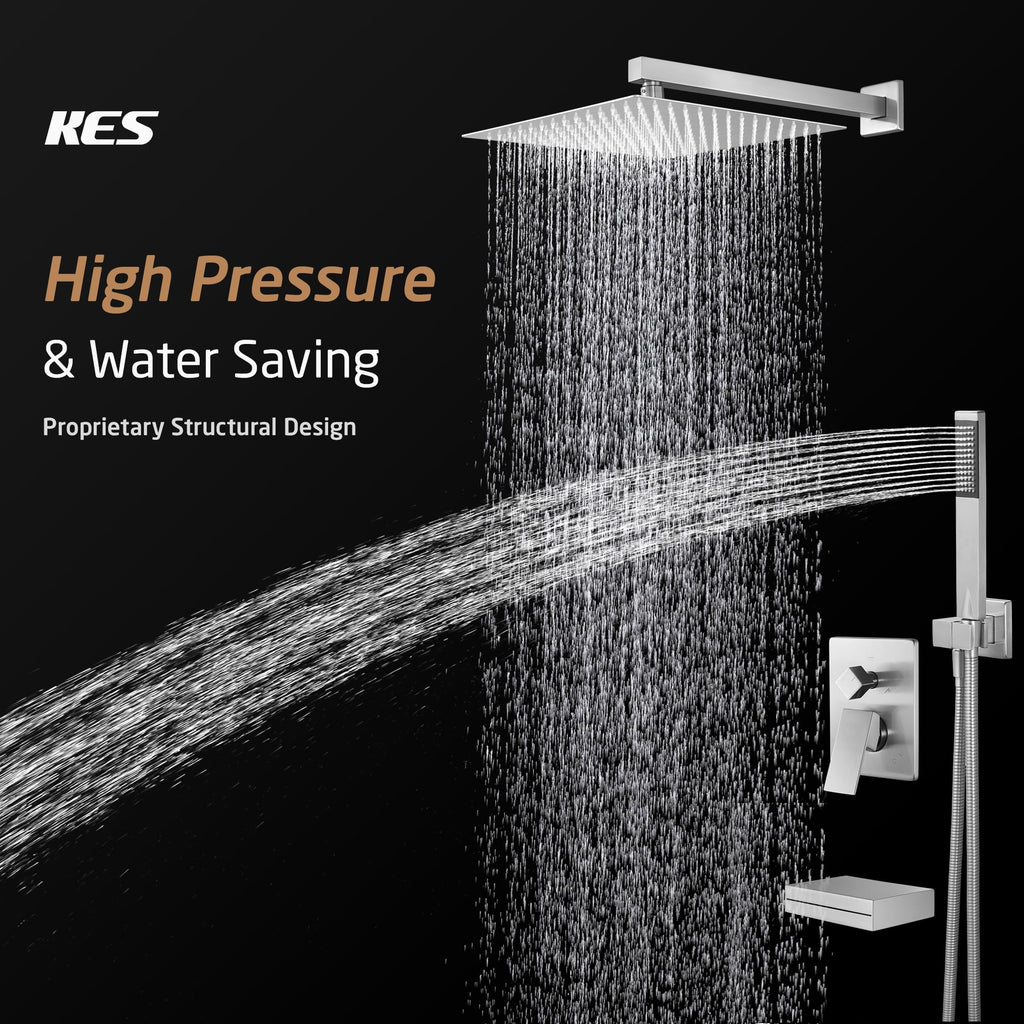 KES Tub and Shower Faucet Set Shower System with 10-Inch Rain Shower Head and Waterfall Tub Faucet Wall Mount Shower Valve and Trim Kit Included Matte Black, XB6240-BK