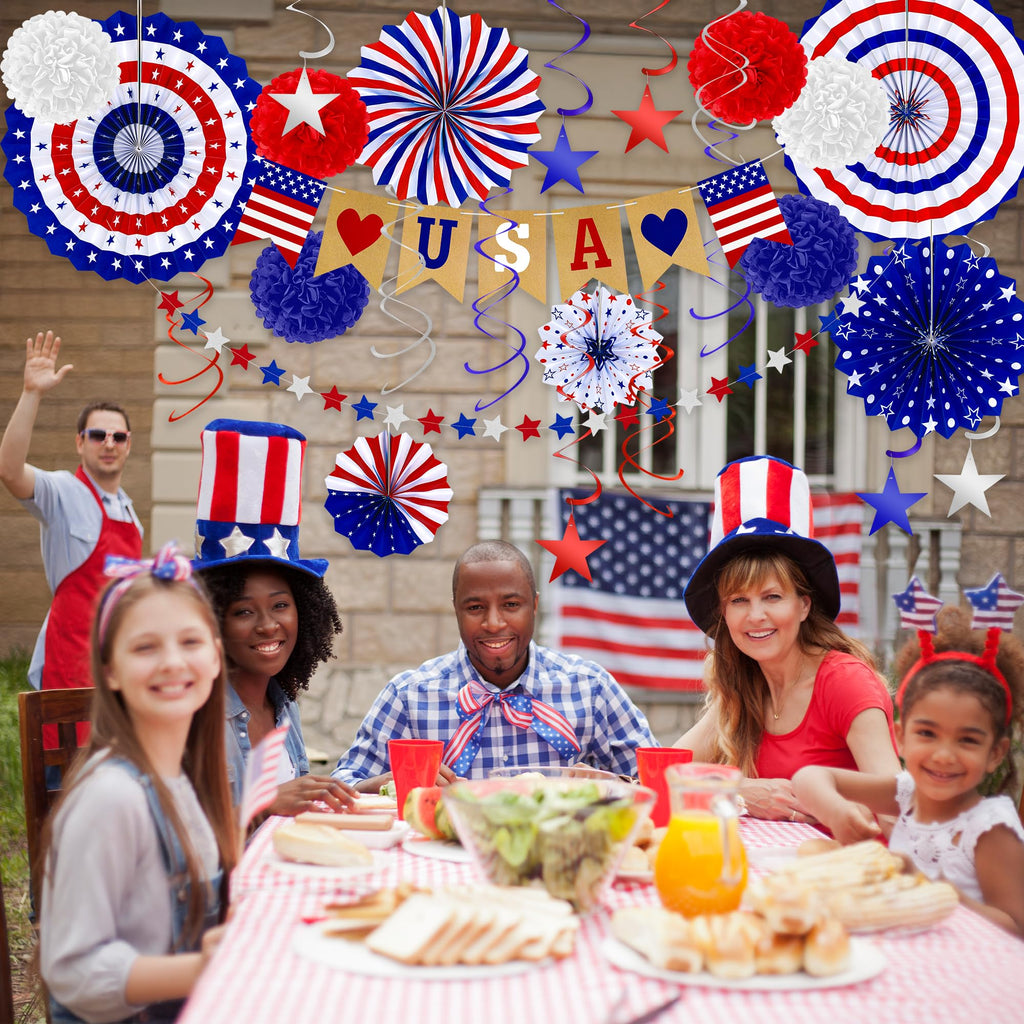 26 PCS 4th of July Decorations, 250th Memorial Day Red White Blue Paper Fans Decorations, 4th of July Banner Pompom Garland and Hanging Swirls Set for Fourth of July Independence Day Decor