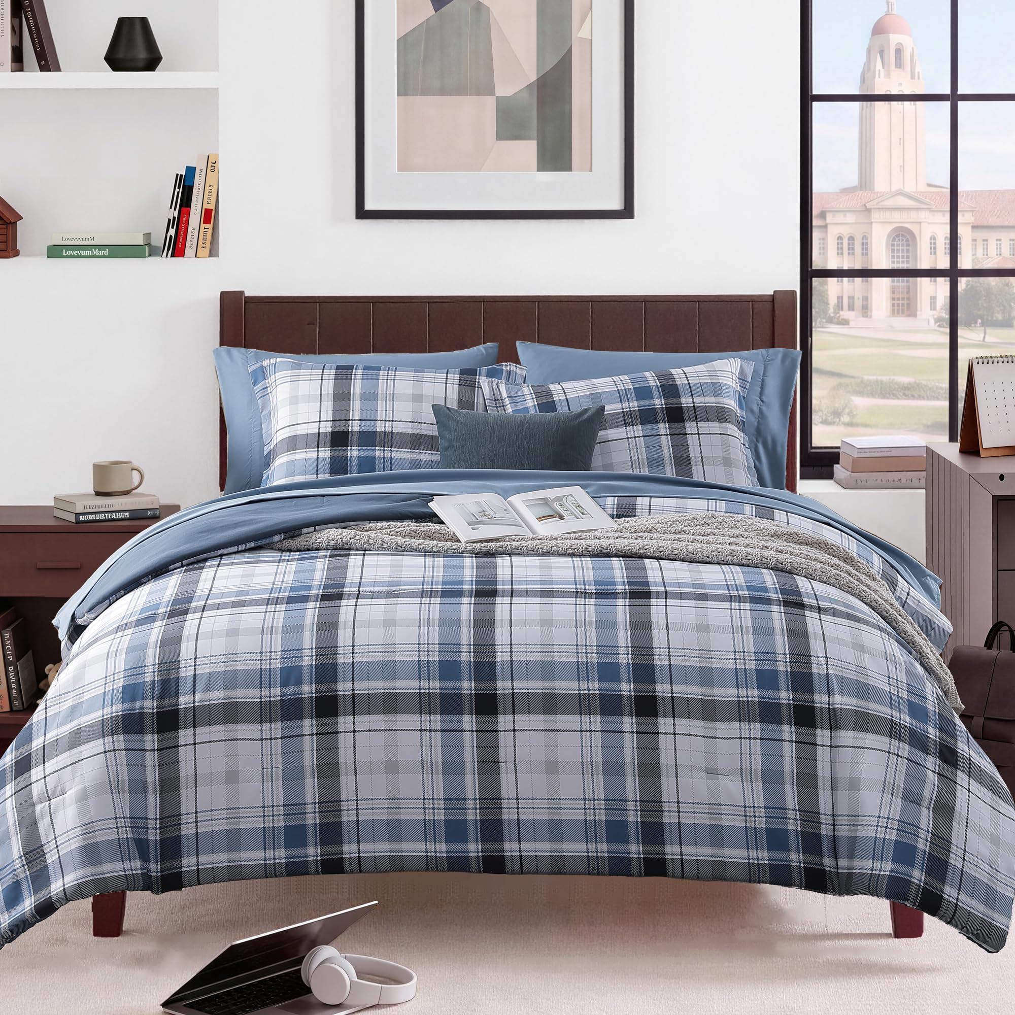 MaiRêve Queen Comforter Set, Classic Plaid Farmhouse Bedding Sets 7 Pieces, Beige All Season Bed in A Bag with Sheets, Pillowcases & Shams