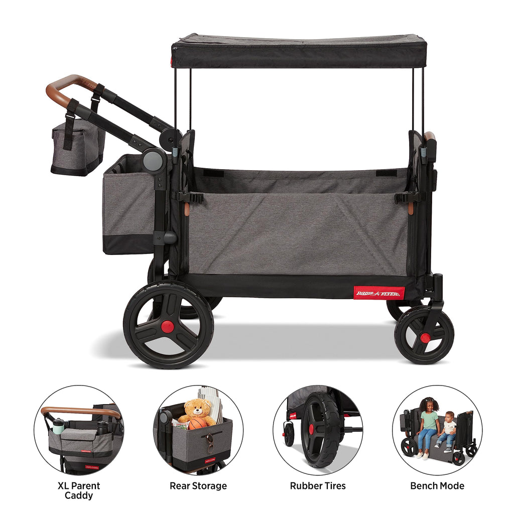 Radio Flyer Atlas Stroll 'N Wagon, Navy Blue, For Ages 1+, 3-in-1 Push or Pull Versatility, One-Hand Fold, UV Canopy, 5-Point Harnesses, Storage Capabilities, Rubber Wheels, Stroller Wagon for Kids