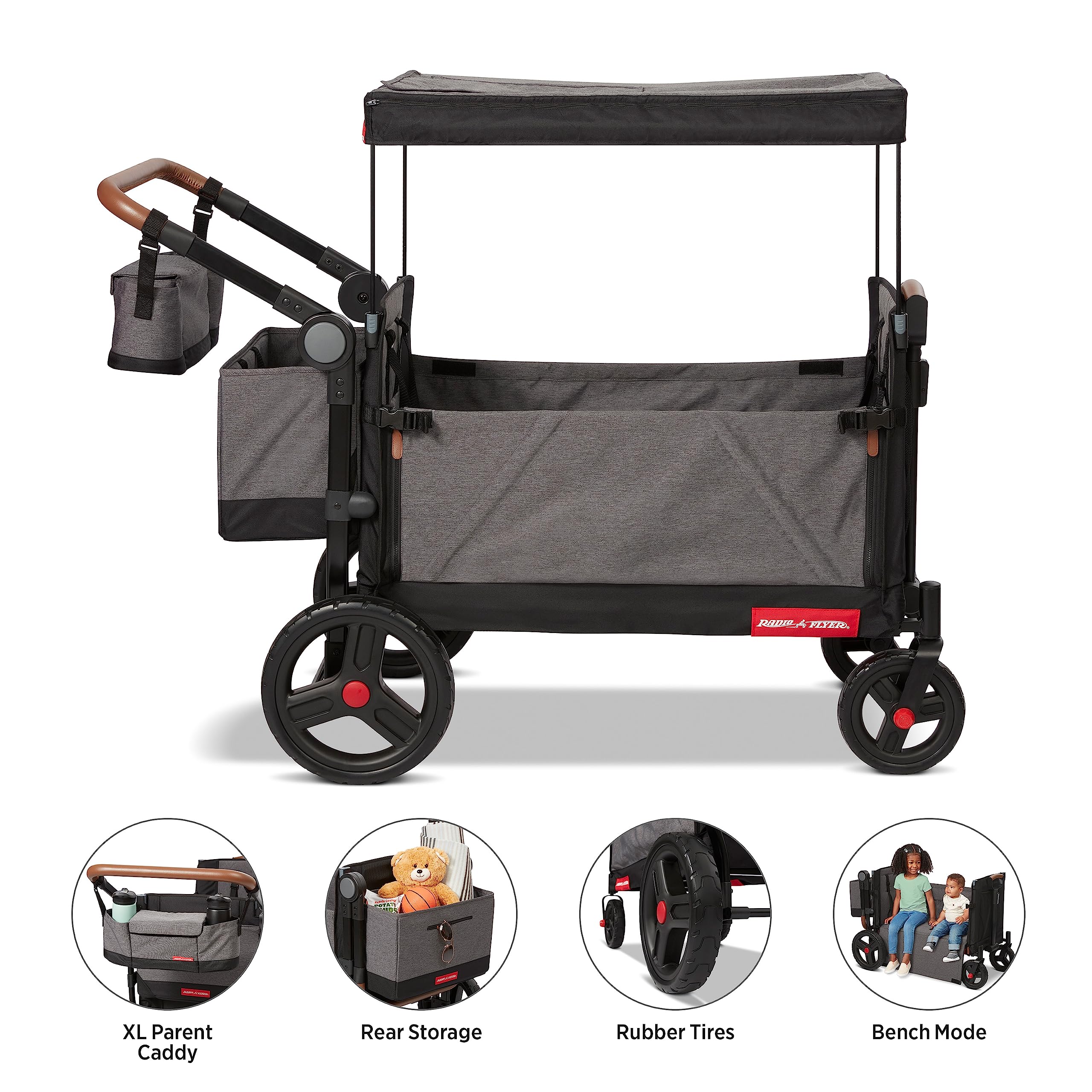 Radio Flyer Atlas Stroll 'N Wagon, Navy Blue, For Ages 1+, 3-in-1 Push or Pull Versatility, One-Hand Fold, UV Canopy, 5-Point Harnesses, Storage Capabilities, Rubber Wheels, Stroller Wagon for Kids