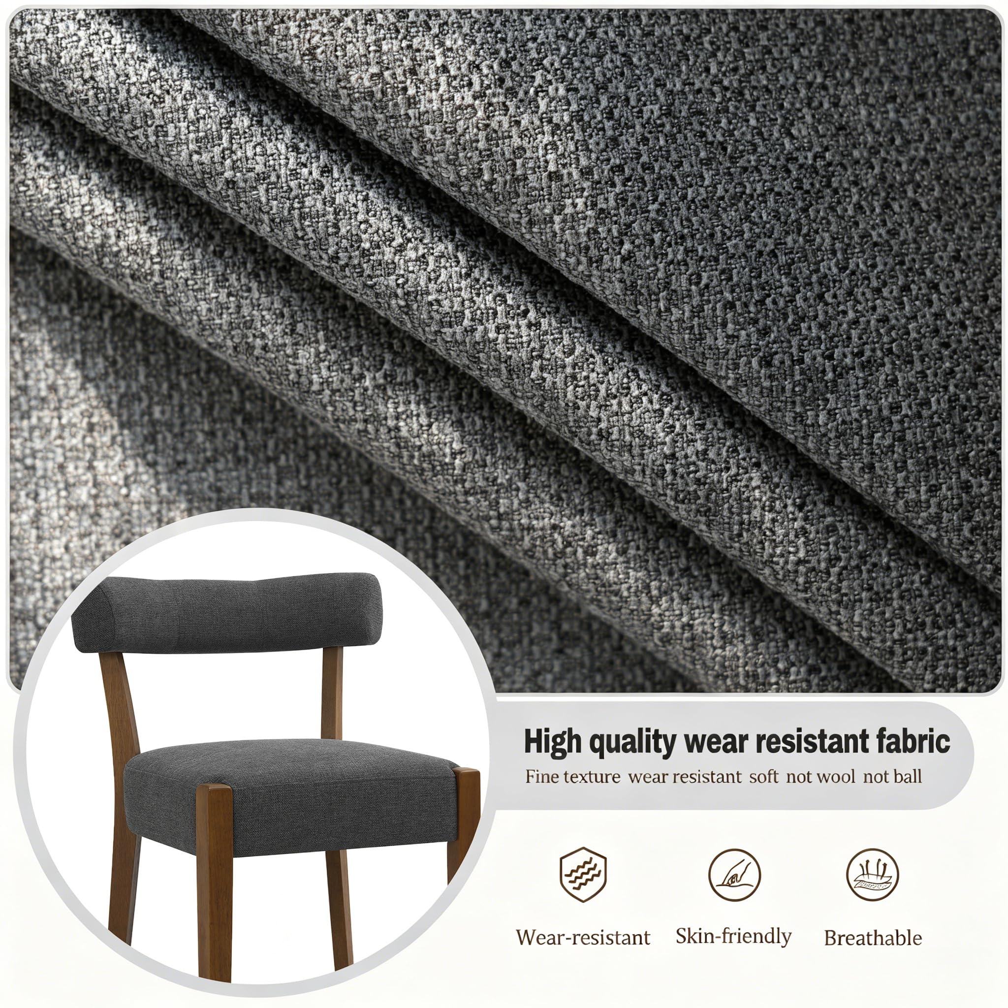 RNKSFX Upholstered Dining Chairs Set of 2, Walnut Wooden Kitchen & Dining Room Chairs, Mid Century Modern Fabric Farmhouse Dining Chairs Oversized Sturdy Rounded Chairs Curved Back, Beige Fabric