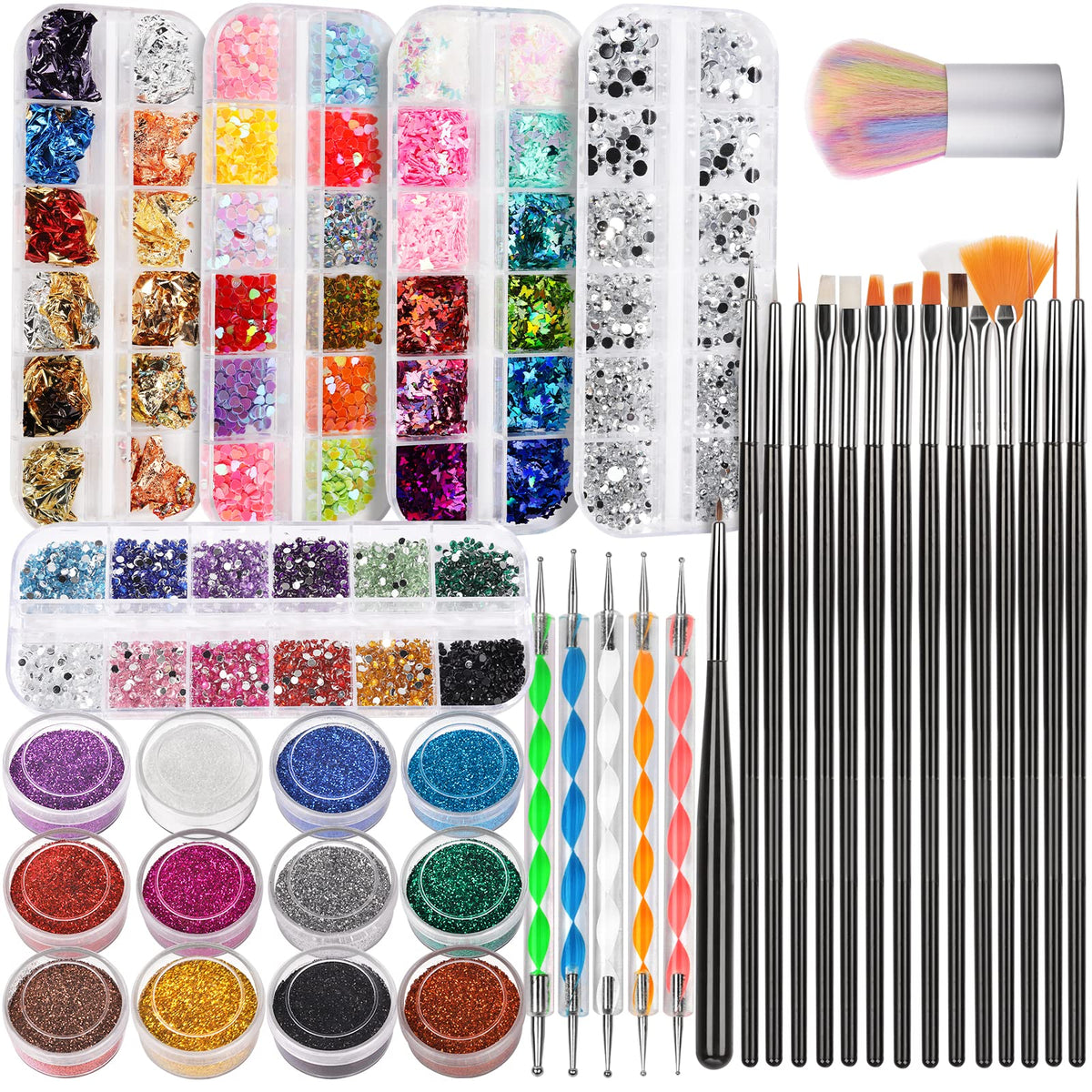FANDAMEI Nail Art Kit, Nail Art Brushes Set, Nail Design Kit Dotting Tools, Fine Nail Glitter, Nail Decoration Butterfly Heart Glitter Sequins, Foil Flakes, Nail Rhinestones, Dust Brush