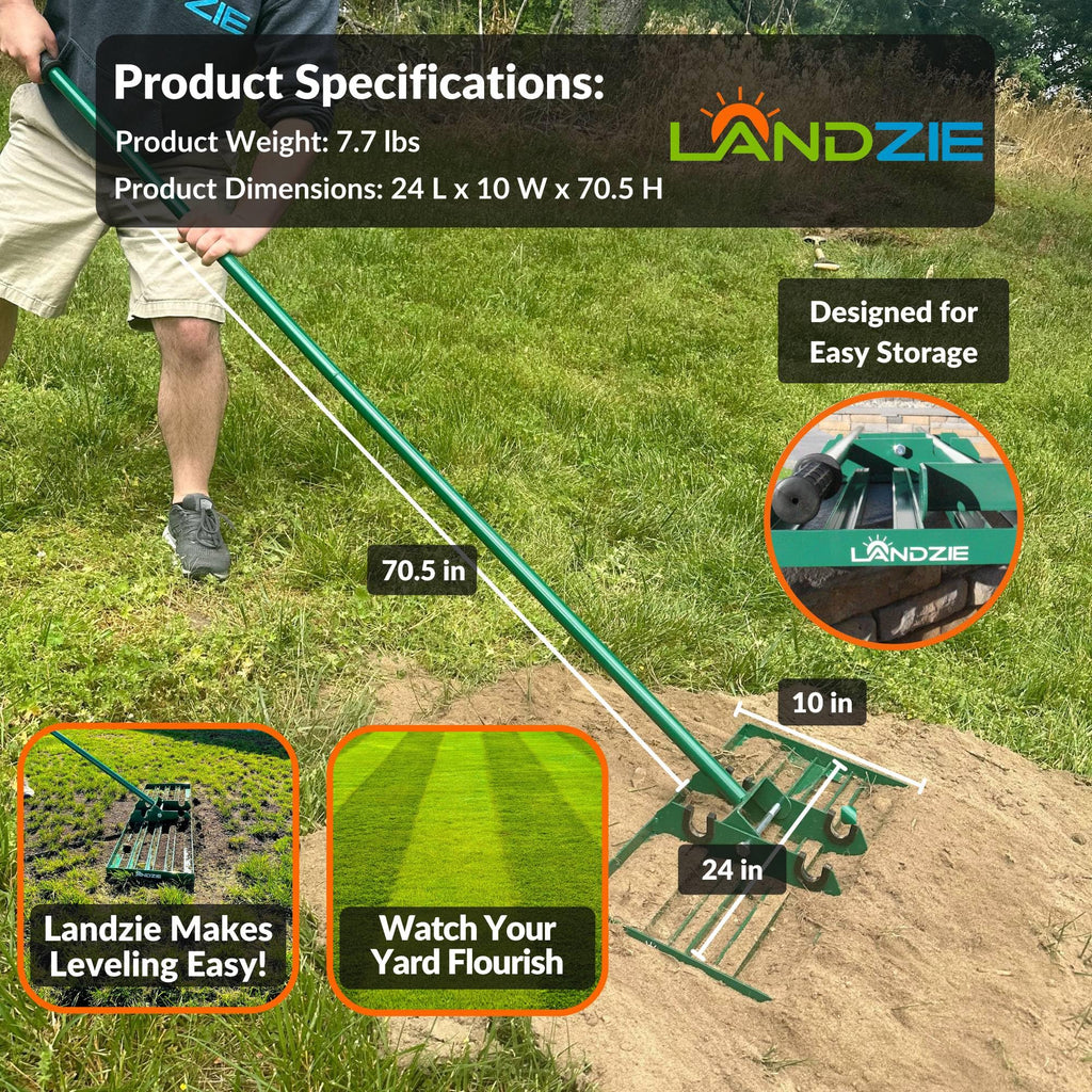 LANDZIE - The Original Lawn Leveling Rake – 24" Steel Handle Yard Leveler, Lawn Level Tool for Creating a Flat Surface - Works for Soil, Dirt, Topdressing, and Ground