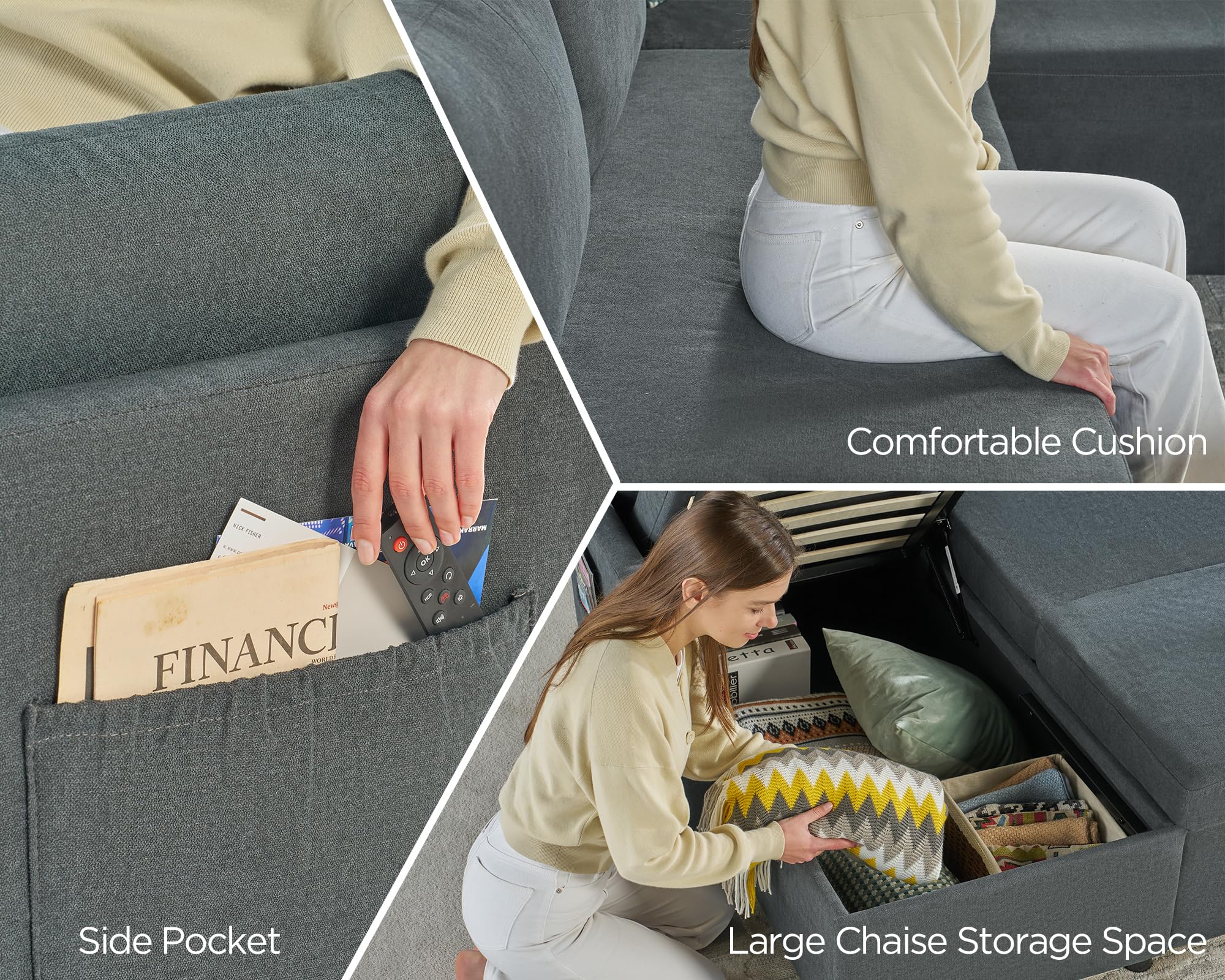 PaPaJet Sofa Bed, Sleeper Sofa with Storage Chaise, L Shaped Sofa with Pull Out Bed, Oversized Sofas for Living Room, Beige