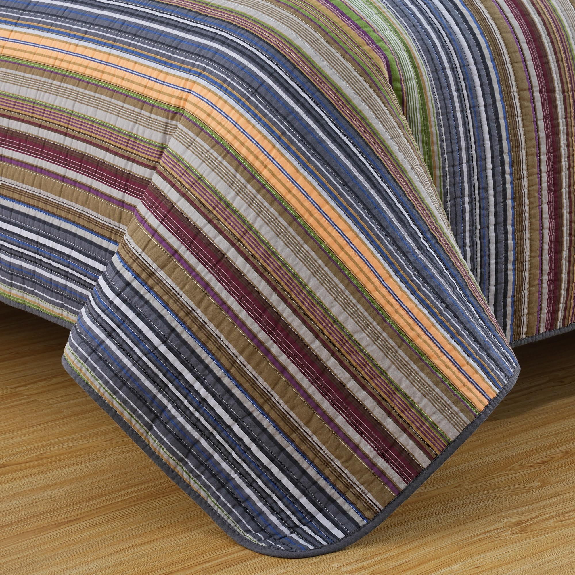 Chezmoi Collection Avery Striped Cotton Quilt Set Twin Size, 2-Piece Soft Pre-Washed 100% Cotton Quilt, Multi-Color Brown