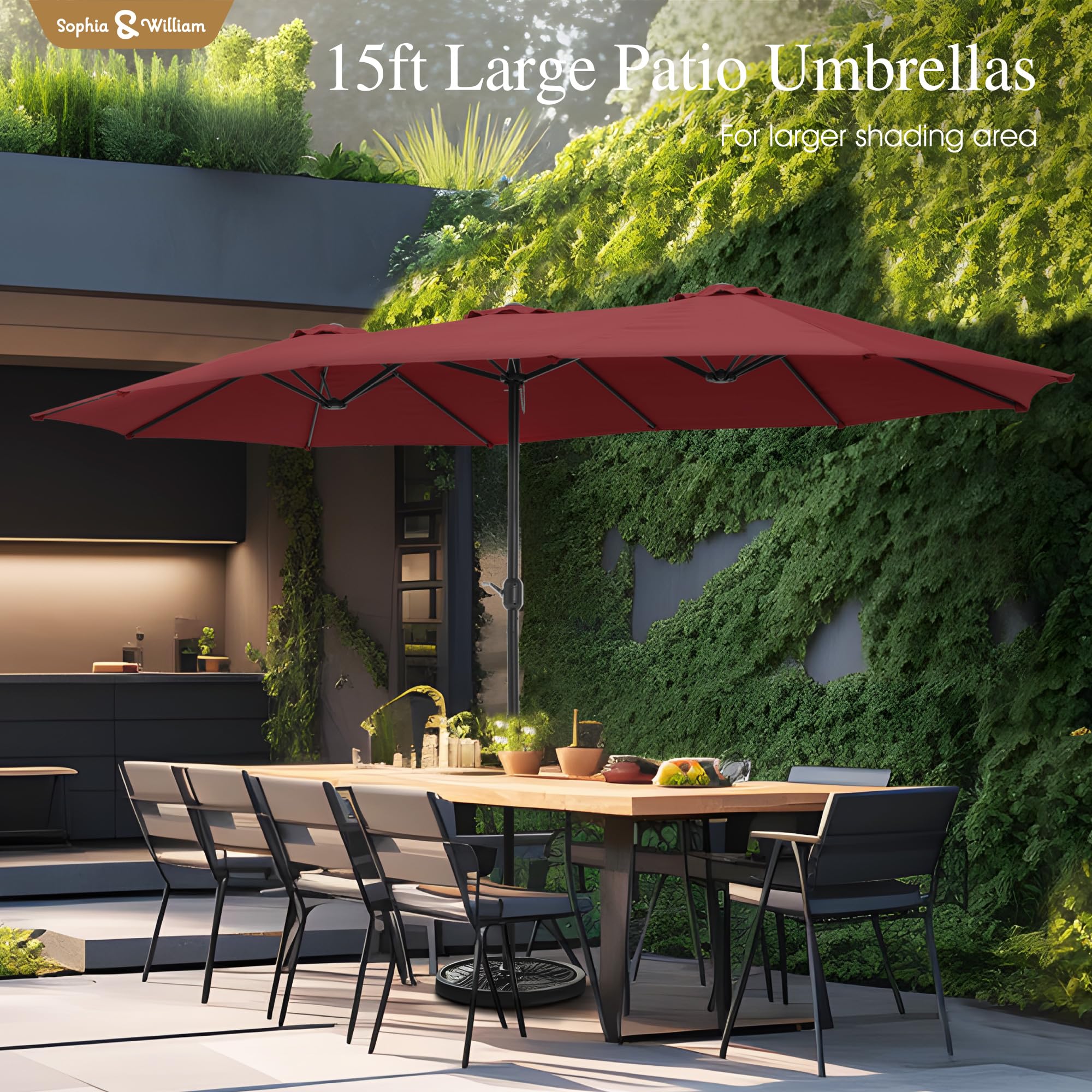 Sophia & William 15 ft Extra Large Patio Umbrella with Base Included, Rectangular Outdoor Umbrella Heavy Duty, Market Umbrella Double-sided Fade Resistant for Pool Garden Backyard, Beige