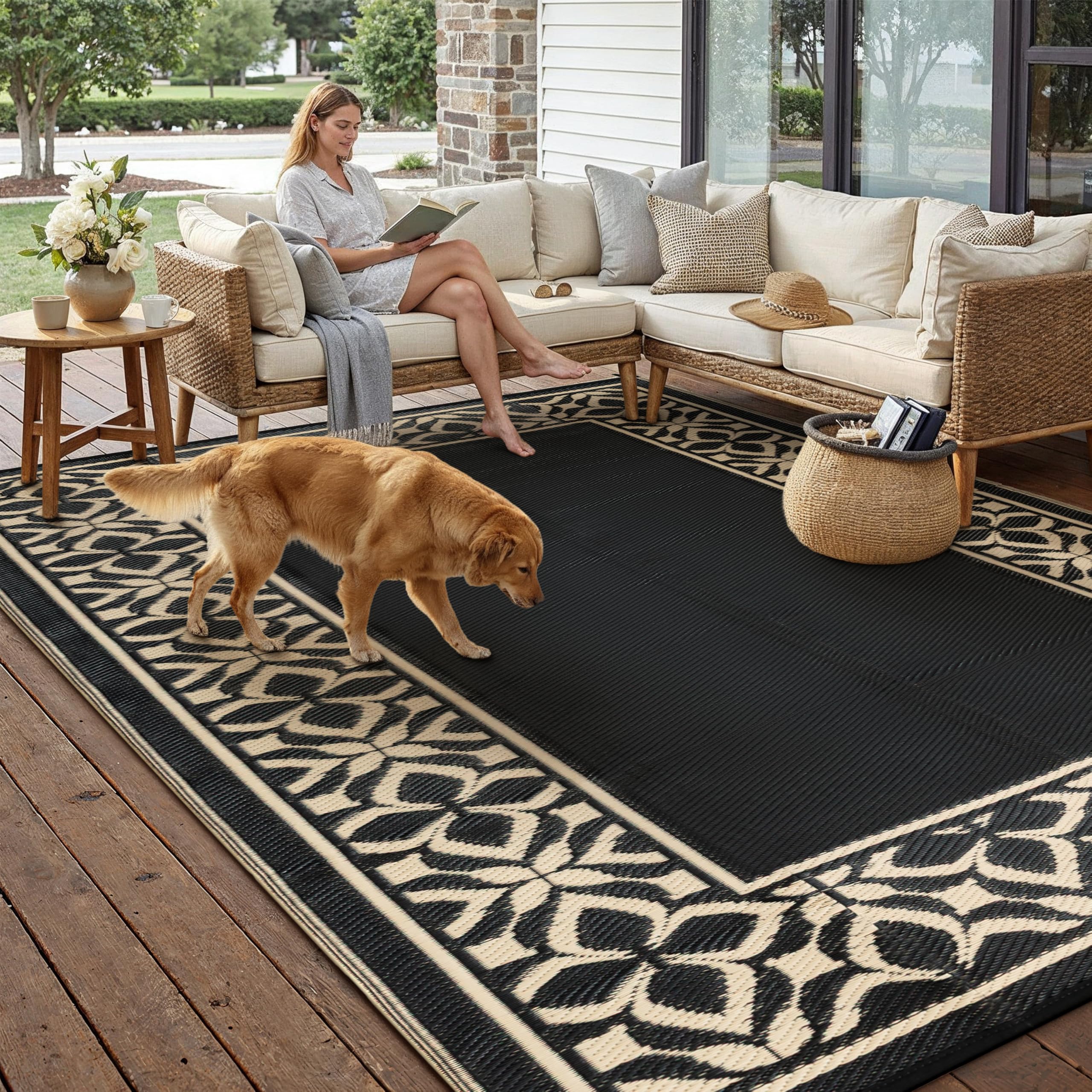 PureCozy Outdoor Plastic Straw Rug Black Beige Large Outside Waterproof Outdoor Patio 5x8 Carpet Geometric Reversible Mat Modern for Camping RV Porch Deck Balcony Beach