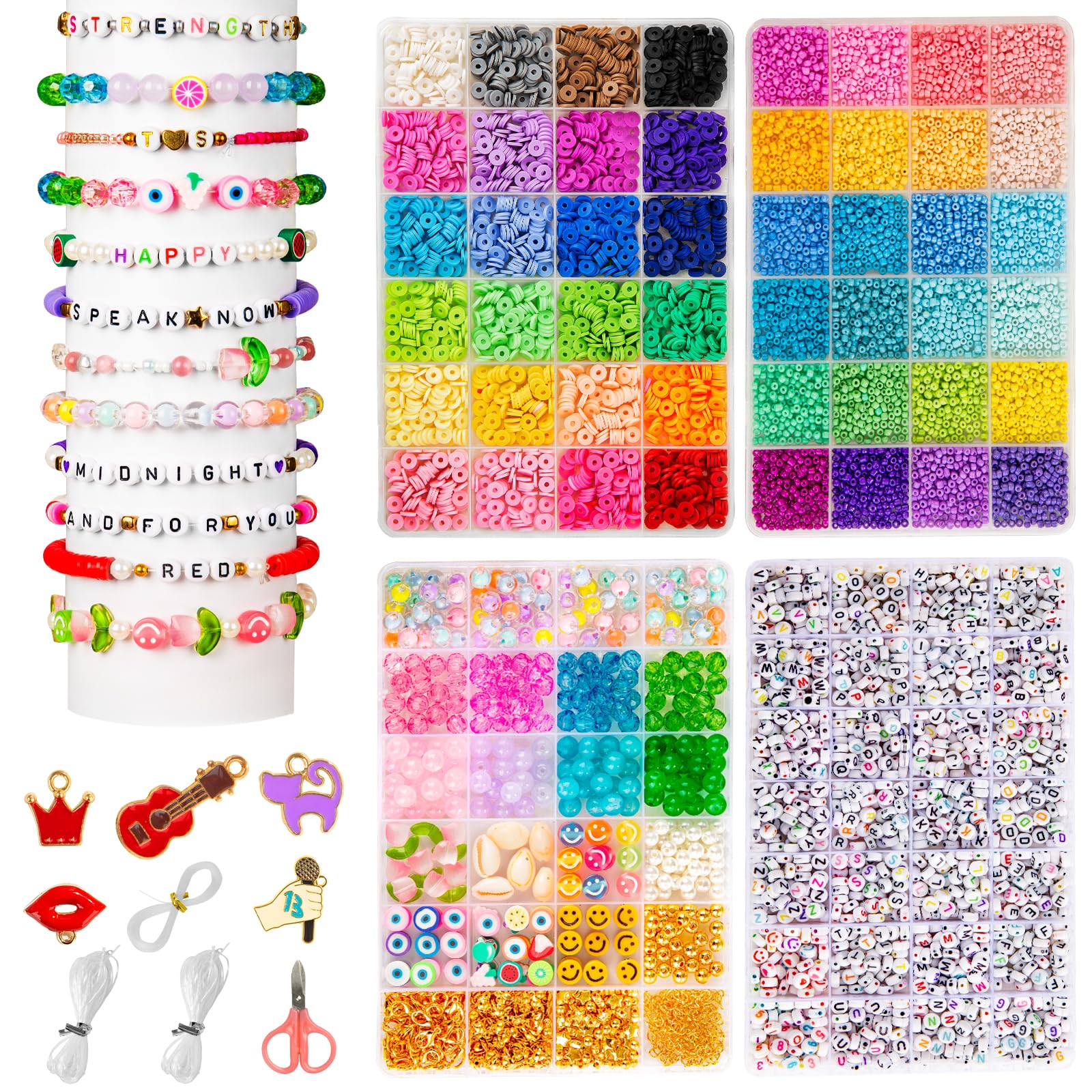 Goldwise Friendship Bracelet Kit - 4 Boxes, 48 Colors Clay & 4mm Seed Beads, Letter Beads, Charms for Jewelry & Bracelet Making for Gifts & Parties