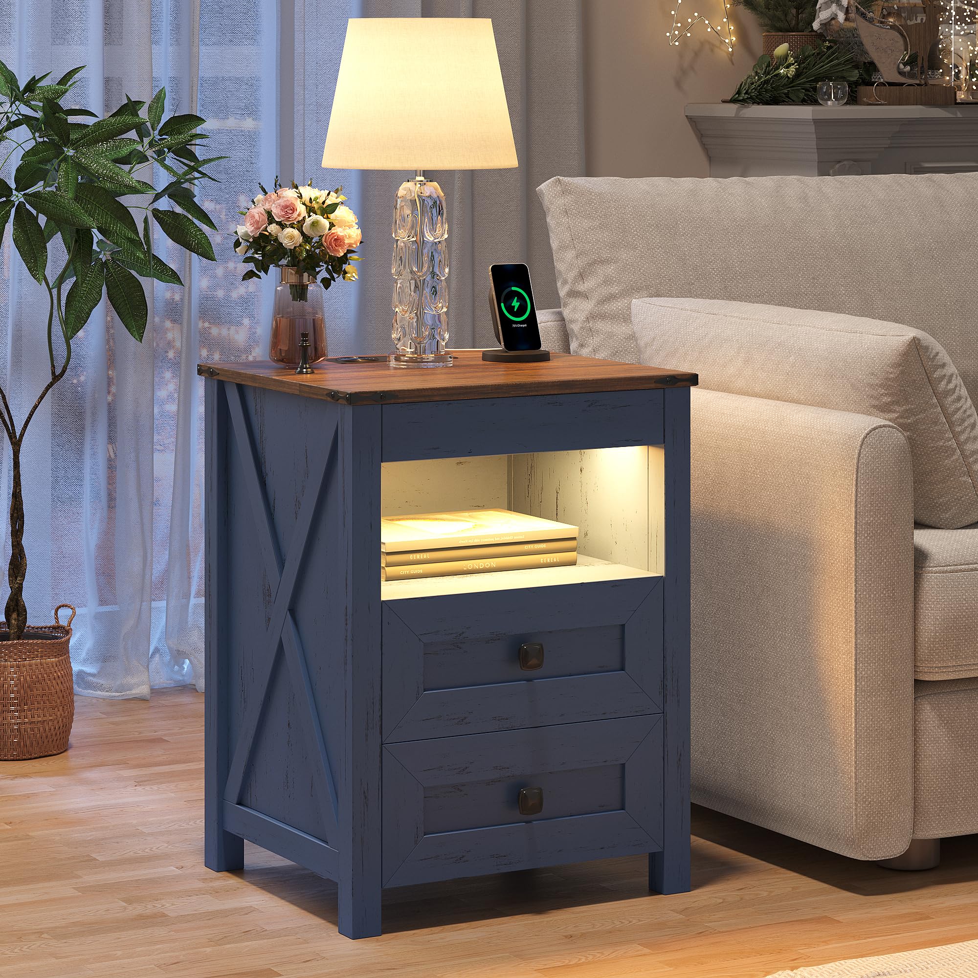 TAGELIER Farmhous Nightstand with Gun Drawer,Bedside Table with Charging Station, Gun Night Stand with LED Light & Human Sensor,Smart End Table for Bedroom, Black