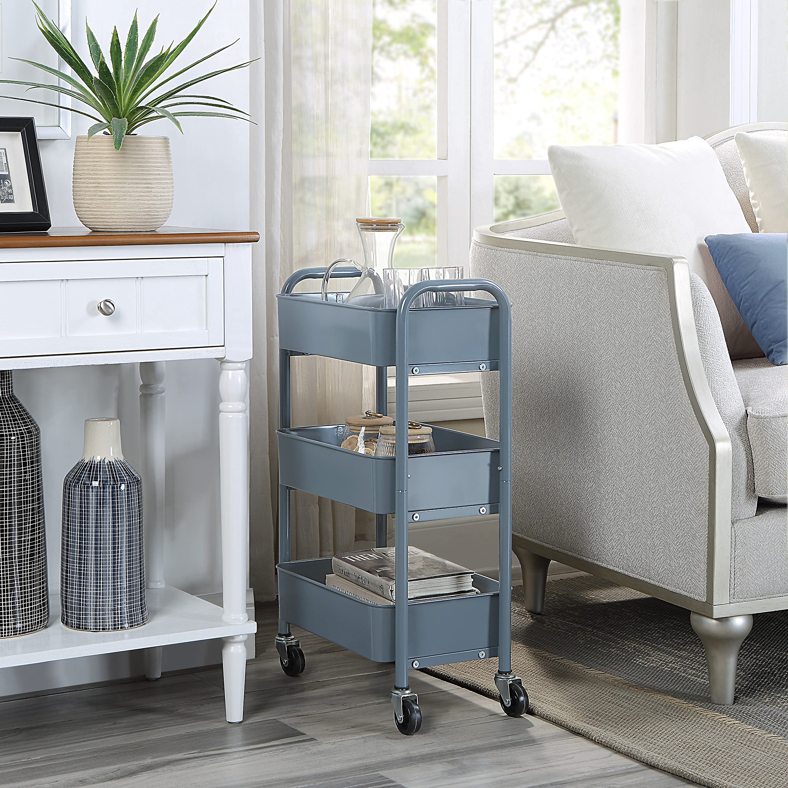 SunnyPoint 3-Tier Delicate Compact Rolling Metal Storage Organizer - Mobile Utility Cart Kitchen/Under Desk Cart with Caster Wheels - Army (15.35" X 10.24" X 26.8"H)