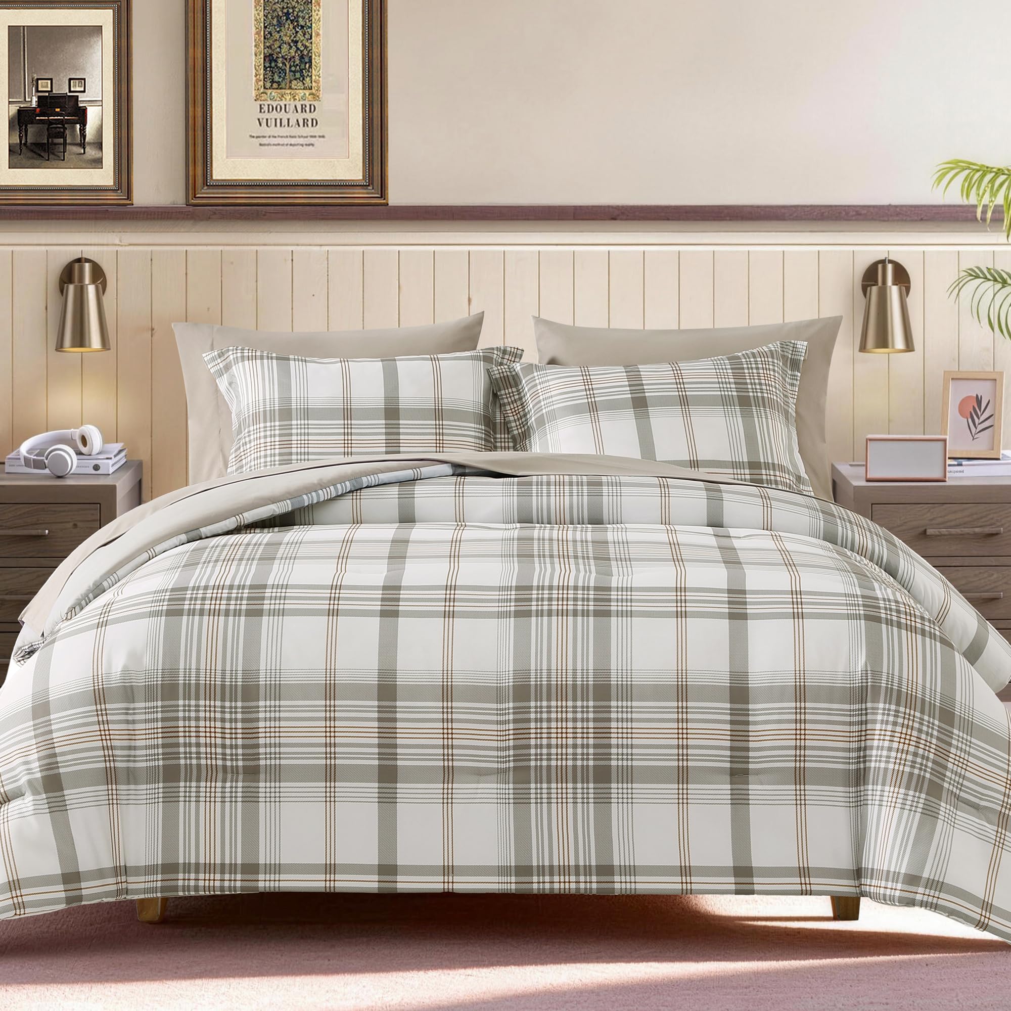 AMBERSPACE Plaid Twin XL Comforter Set Black, Reversible Checkered Bedding Set 5 Pieces for Boys Girls Teen, Lightweight Bed in a Bag for Dorm with Sheets, Pillowcase & Sham