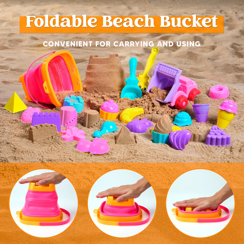 Sloosh Beach Sand Toys Set - Dump Truck Car Toy with Sand Molds for Toddlers Outdoor Play, Collapsible Foldable Buckets Mesh Bag Shovels Castle Animal Mold Sets, Kids Ages Sandbox Toys (Animals)