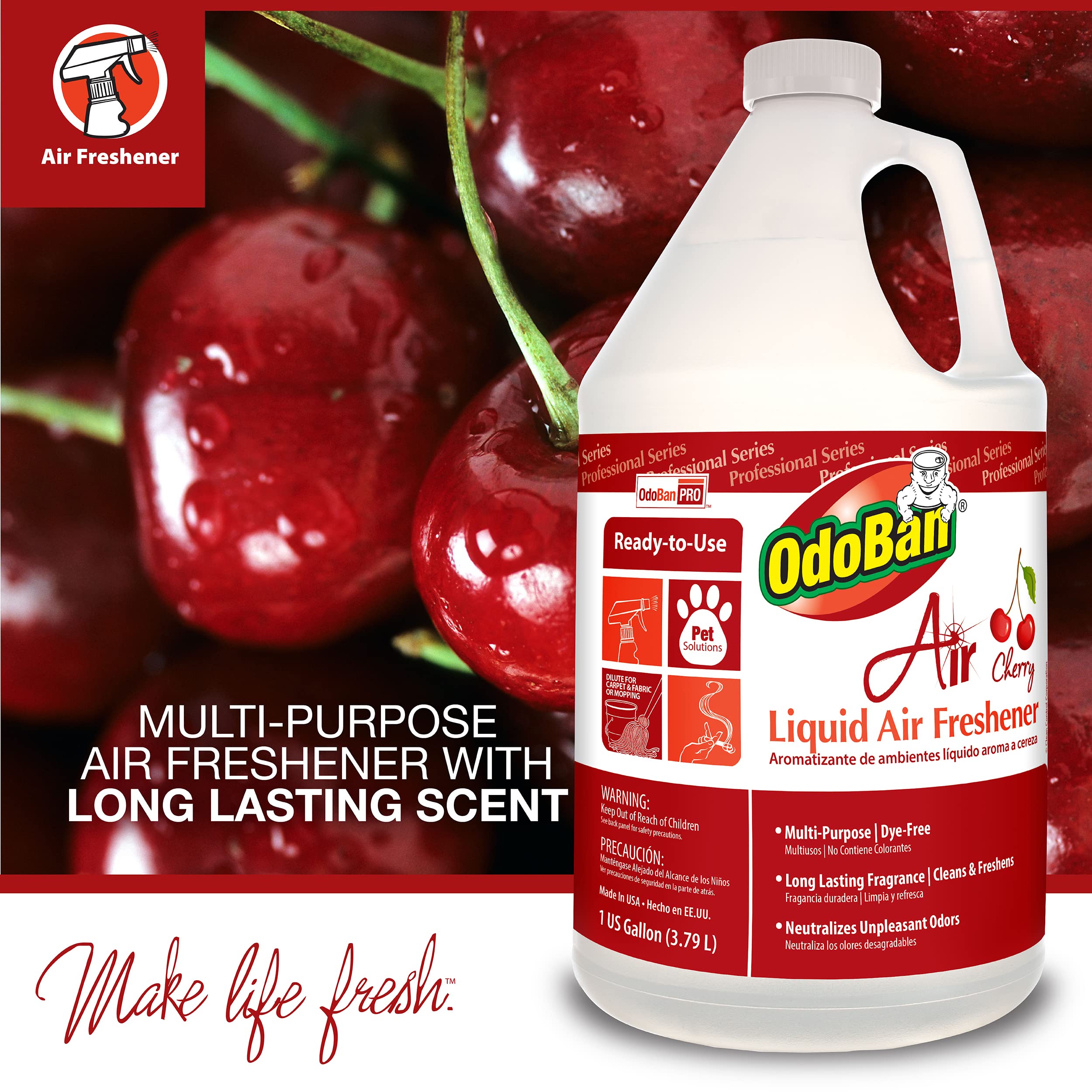 OdoBan Professional Series Ready-to-Use Air Cherry Liquid Air Freshener, Made in the USA, Cherry Scent, 2-Pack, 1 Gallon Each