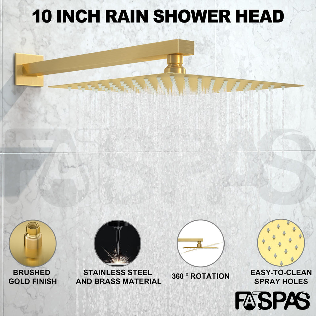 Brushed Gold Shower System with 10-Inch Rain Showerhead and Tub Spout | cUPC-certified pressure balance brass valve to prevent scalding, CEC-certified air injection technology for low pressure
