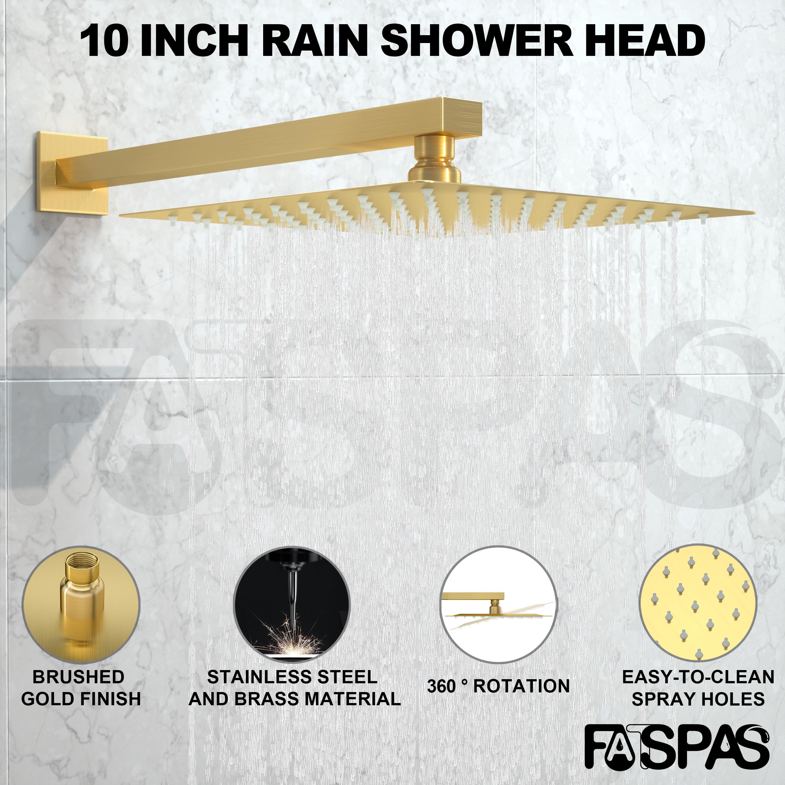 Brushed Gold Shower System with 10-Inch Rain Showerhead and Tub Spout | cUPC-certified pressure balance brass valve to prevent scalding, CEC-certified air injection technology for low pressure