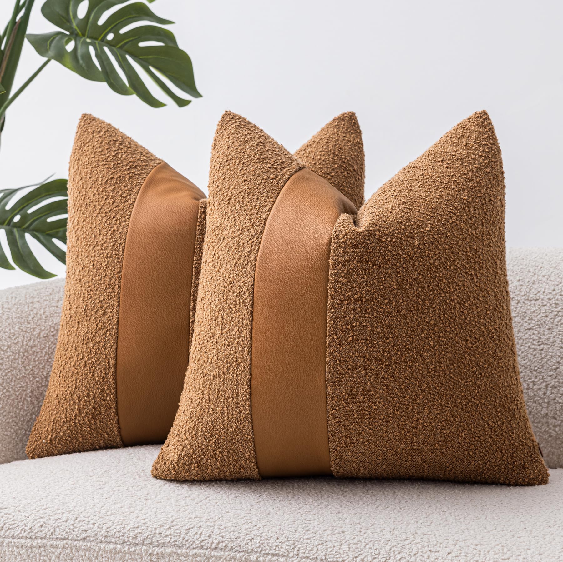 18"x18" Charcoal Black Boucle Throw Pillow Covers with Faux Leather Accents Set of 2 Fluffy Textured Decorative Pillow Cases for Couch Bed Boho Farmhouse Square Cushion Covers for Nordic Home