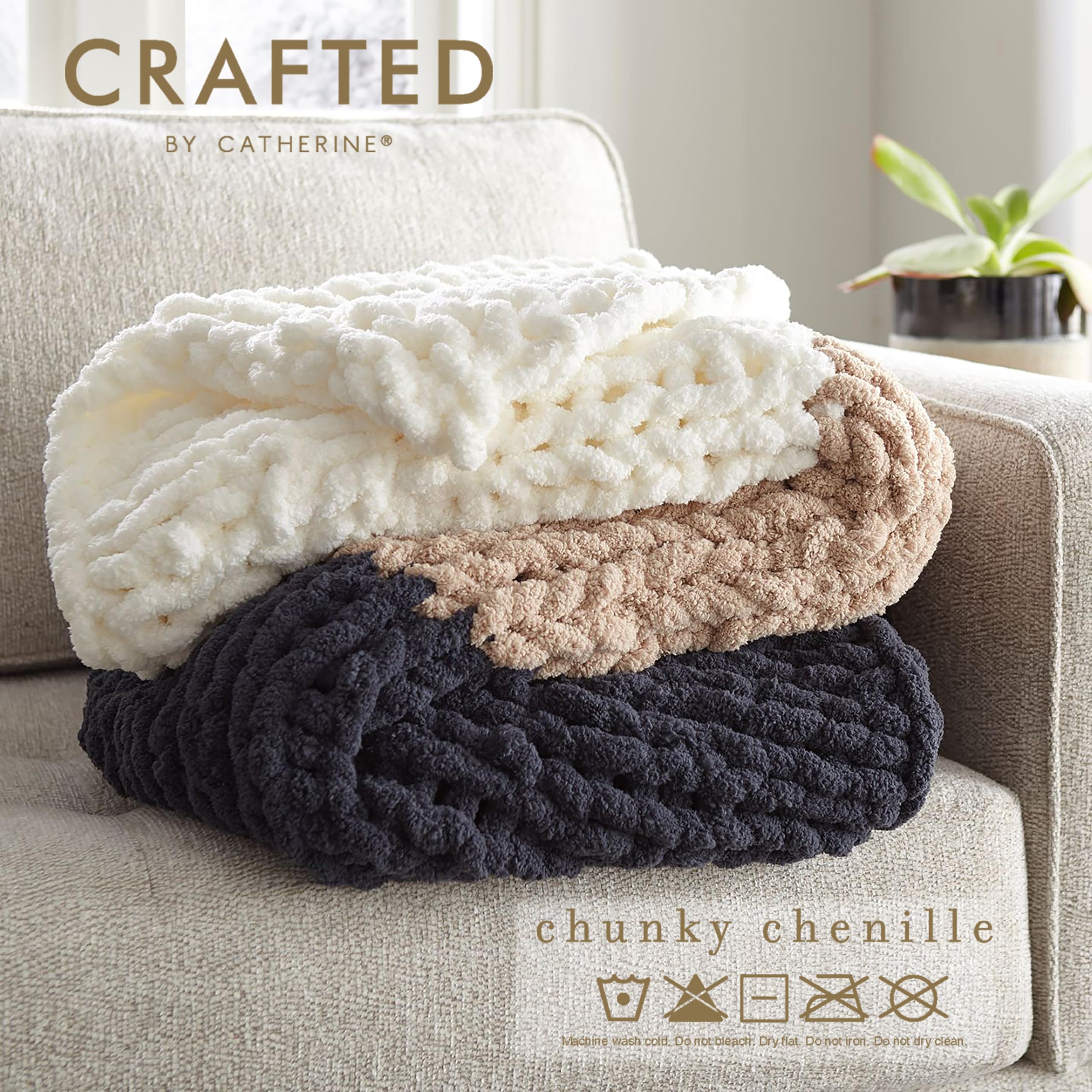 Crafted By Catherine Chunky Chenille Yarn - 2 Pack (8 oz / 227 g, 31.7 Yards Each Skein), Beige, Gauge 7 Jumbo