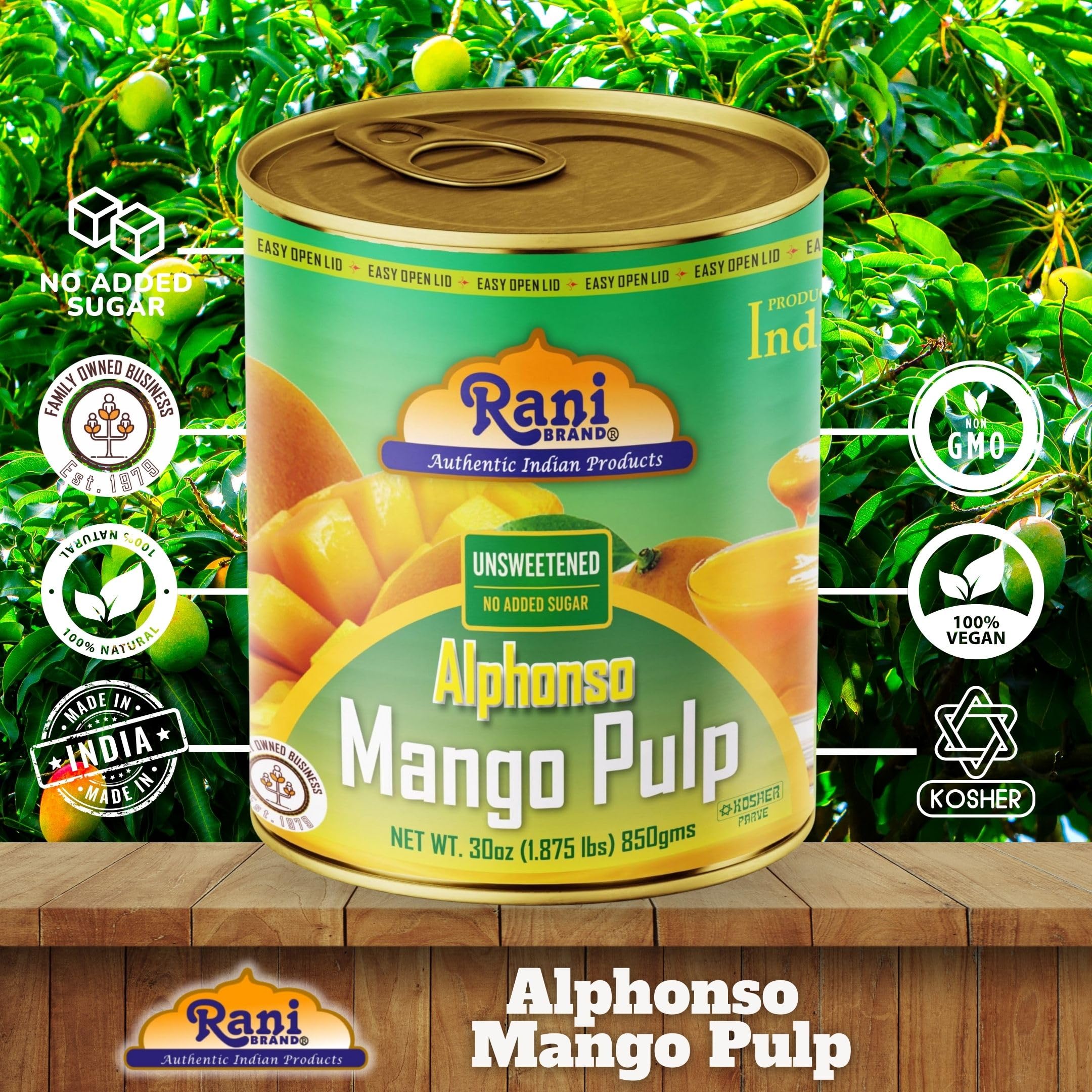 Rani Mango Pulp Puree (Makes Mango Lassi Shakes) Alphonso Sweetened 30oz (1.875lbs) 850g ~ Kosher | All Natural | NON-GMO | Vegan | No colors | Gluten Friendly | Indian Origin