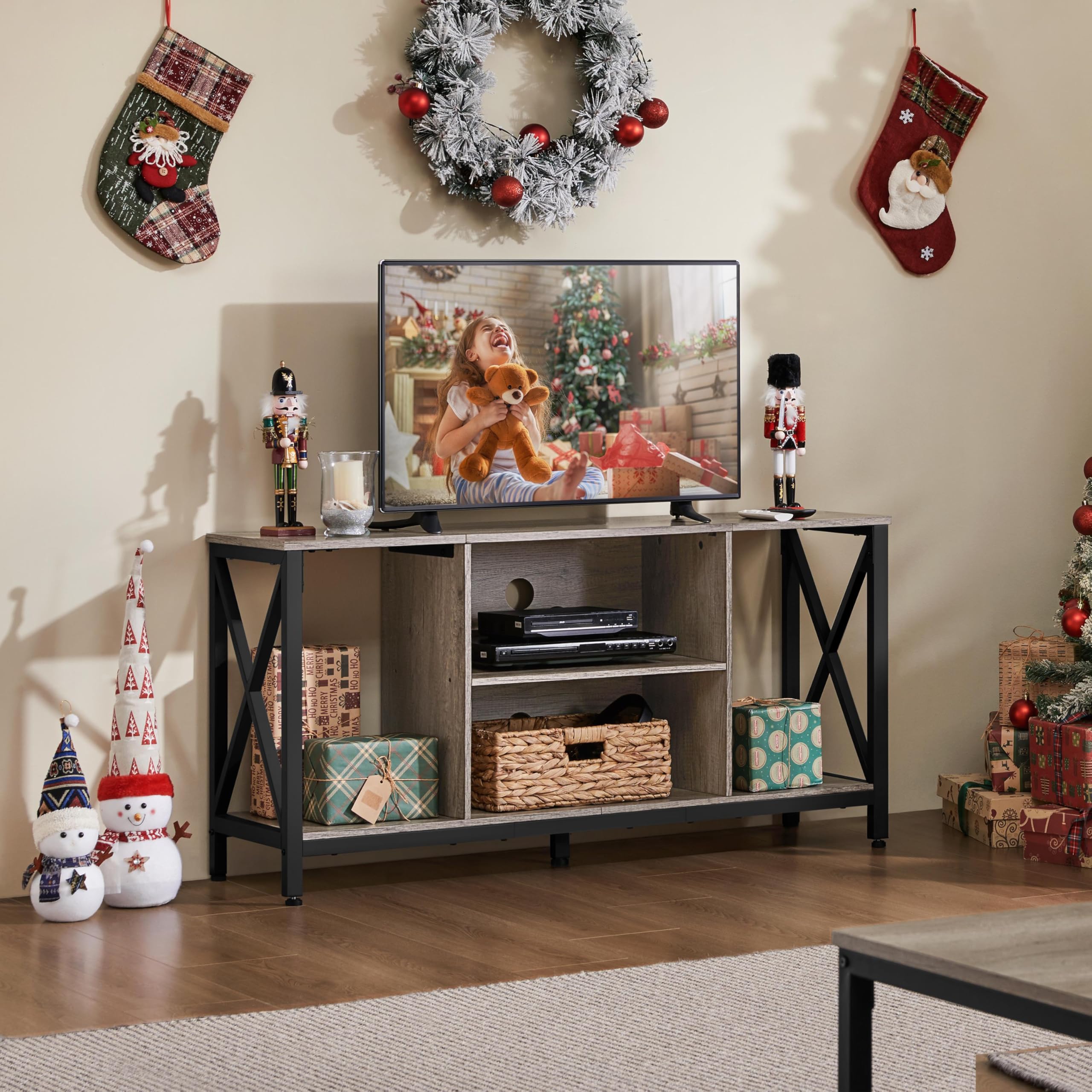 Yaheetech Industrial TV Stand for 55 Inch TV, Entertainment Center Media Console Table with Open Storage for Living Room, Wood Modern Furniture, Gray