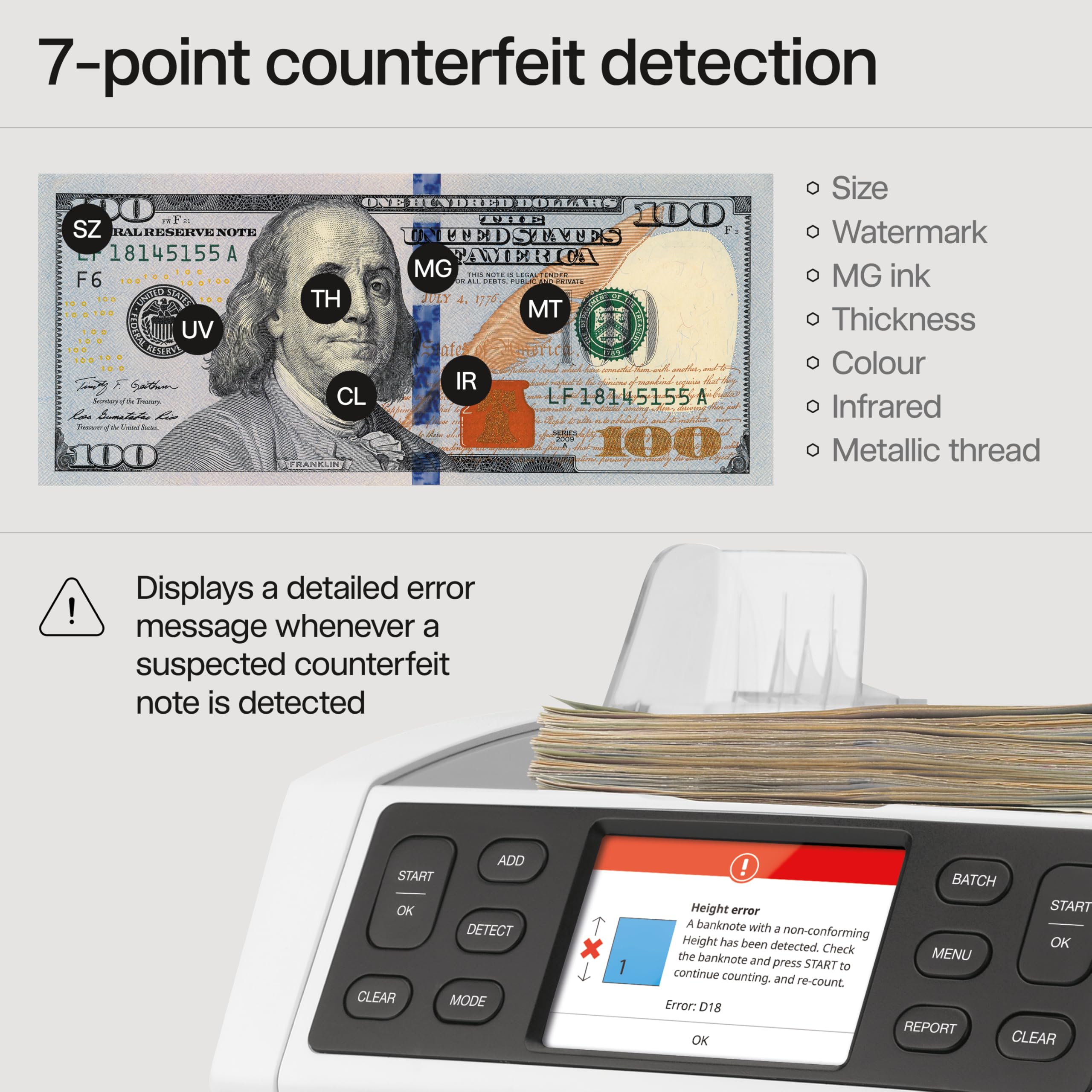 Safescan 2210 Money Counter Machine with Counterfeit Detection, Add/Batch Modes, LCD-Display, High-Speed Counts 1,000 bills per minute, 2 Point Counterfeit Check - Sorted Counter for All Currencies
