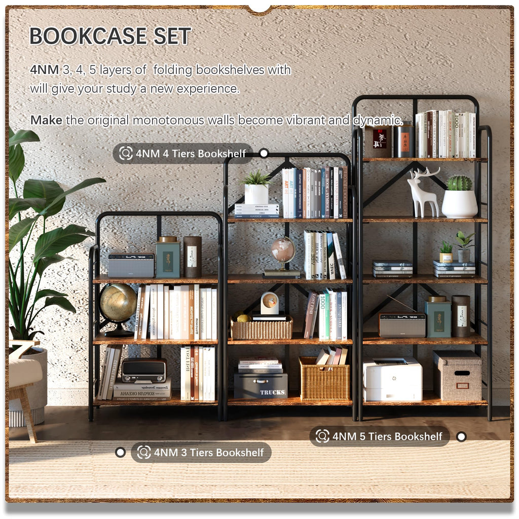4NM No Assembly Folding Bookshelf, 3 Tiers Collapsible Book Shelves Open Industrial Foldable Storage Bookcase Shelf for Bedroom, Living Room, Home Office - Natural and White